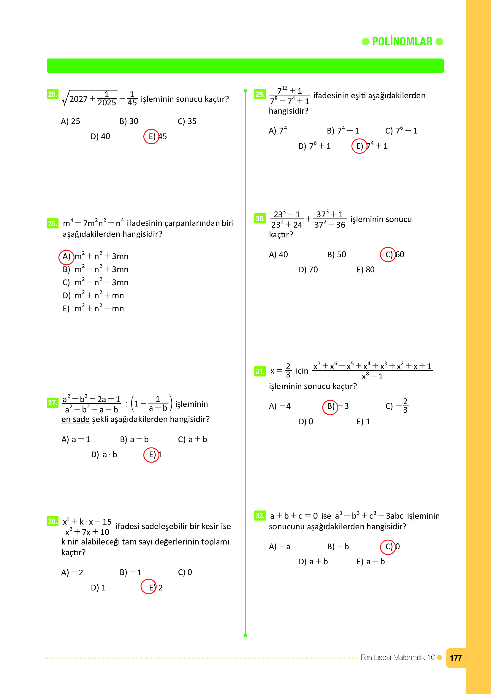 10. Sınıf Meb Yayınları Fen Lisesi Matematik Ders Kitabı Sayfa 177 Cevapları