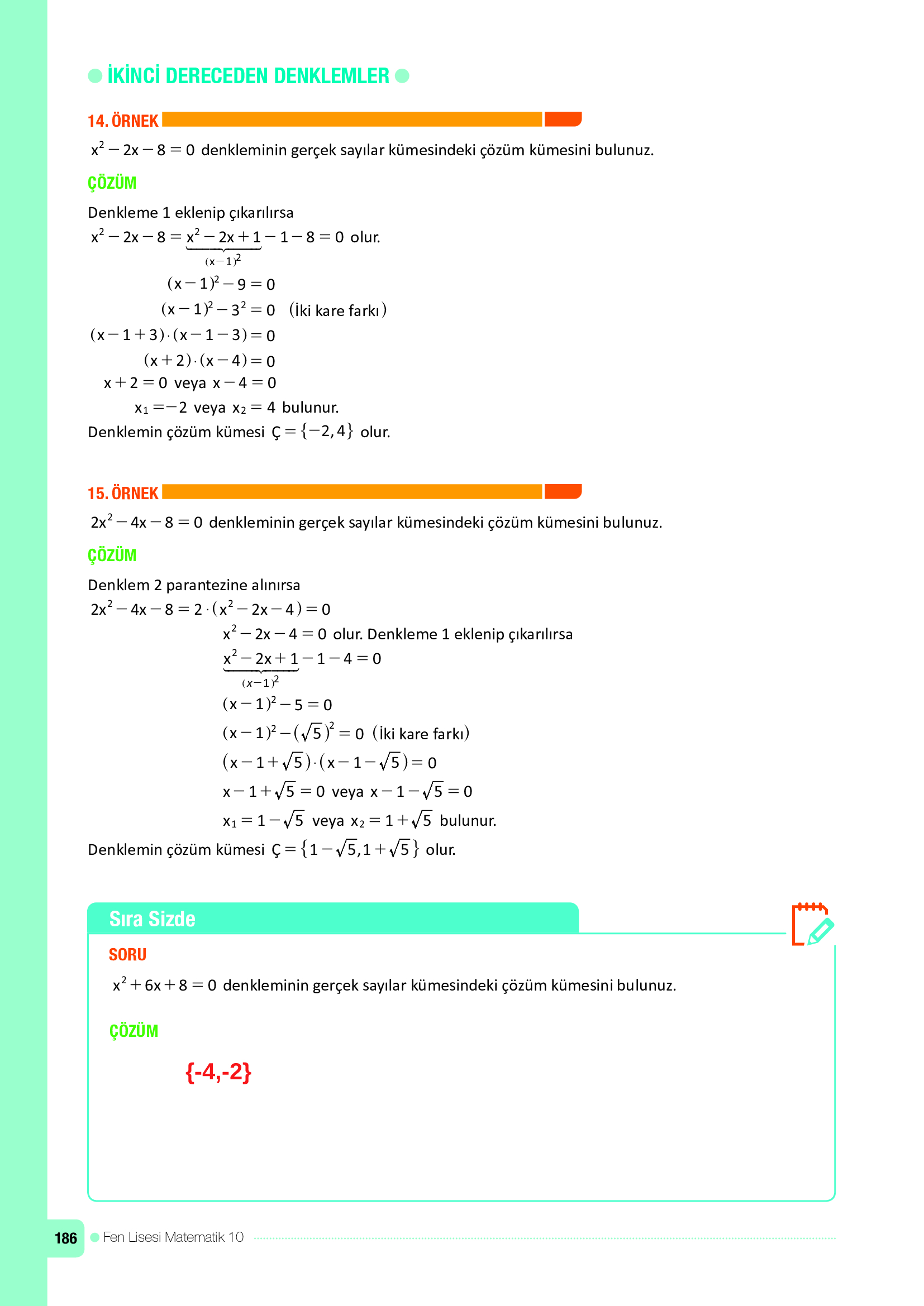 10. Sınıf Meb Yayınları Fen Lisesi Matematik Ders Kitabı Sayfa 186 Cevapları