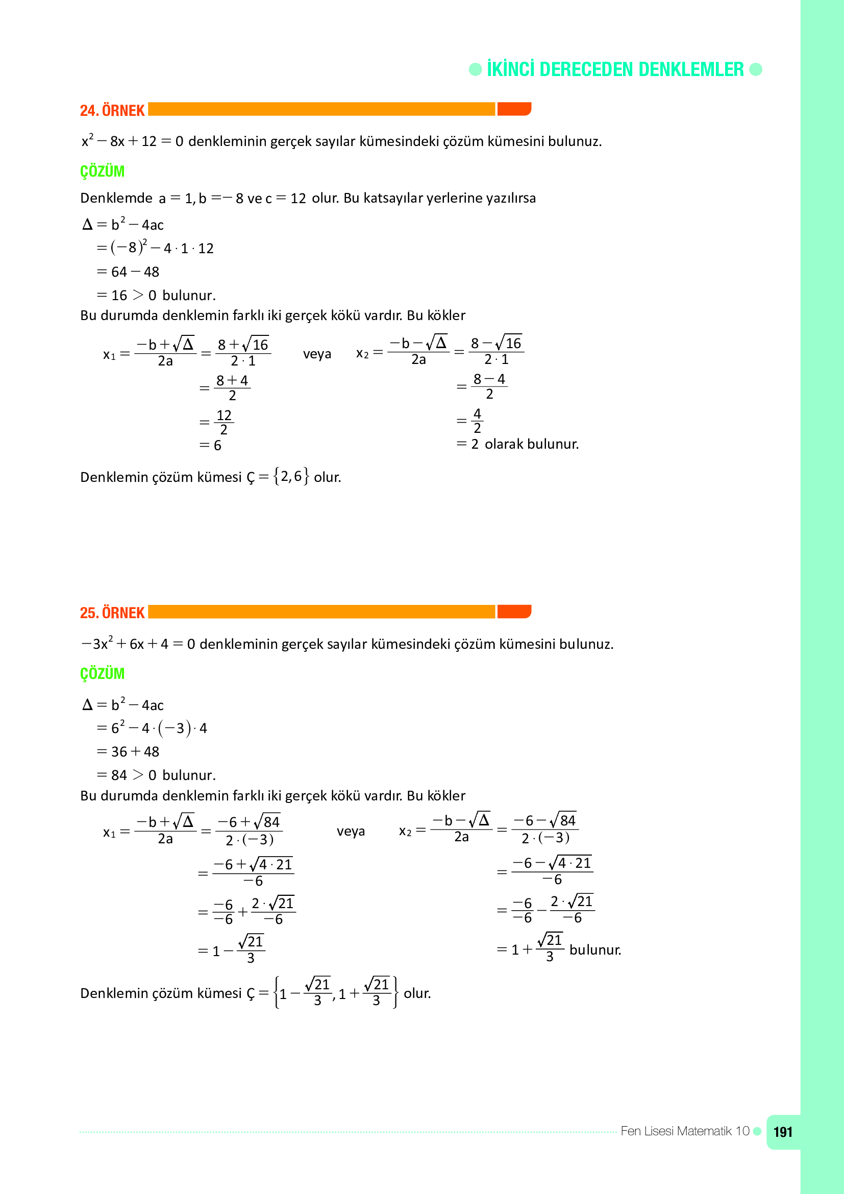 10. Sınıf Meb Yayınları Fen Lisesi Matematik Ders Kitabı Sayfa 191 Cevapları