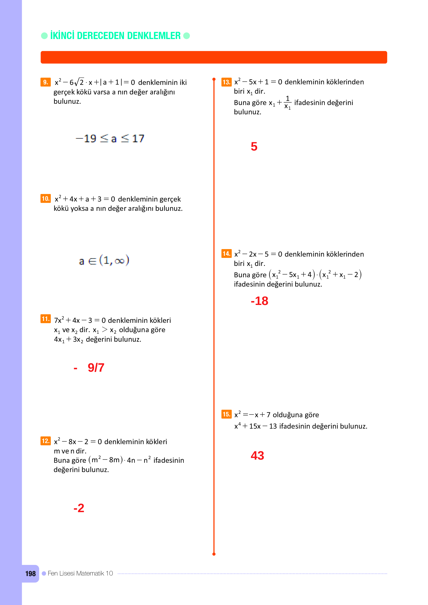 10. Sınıf Meb Yayınları Fen Lisesi Matematik Ders Kitabı Sayfa 198 Cevapları