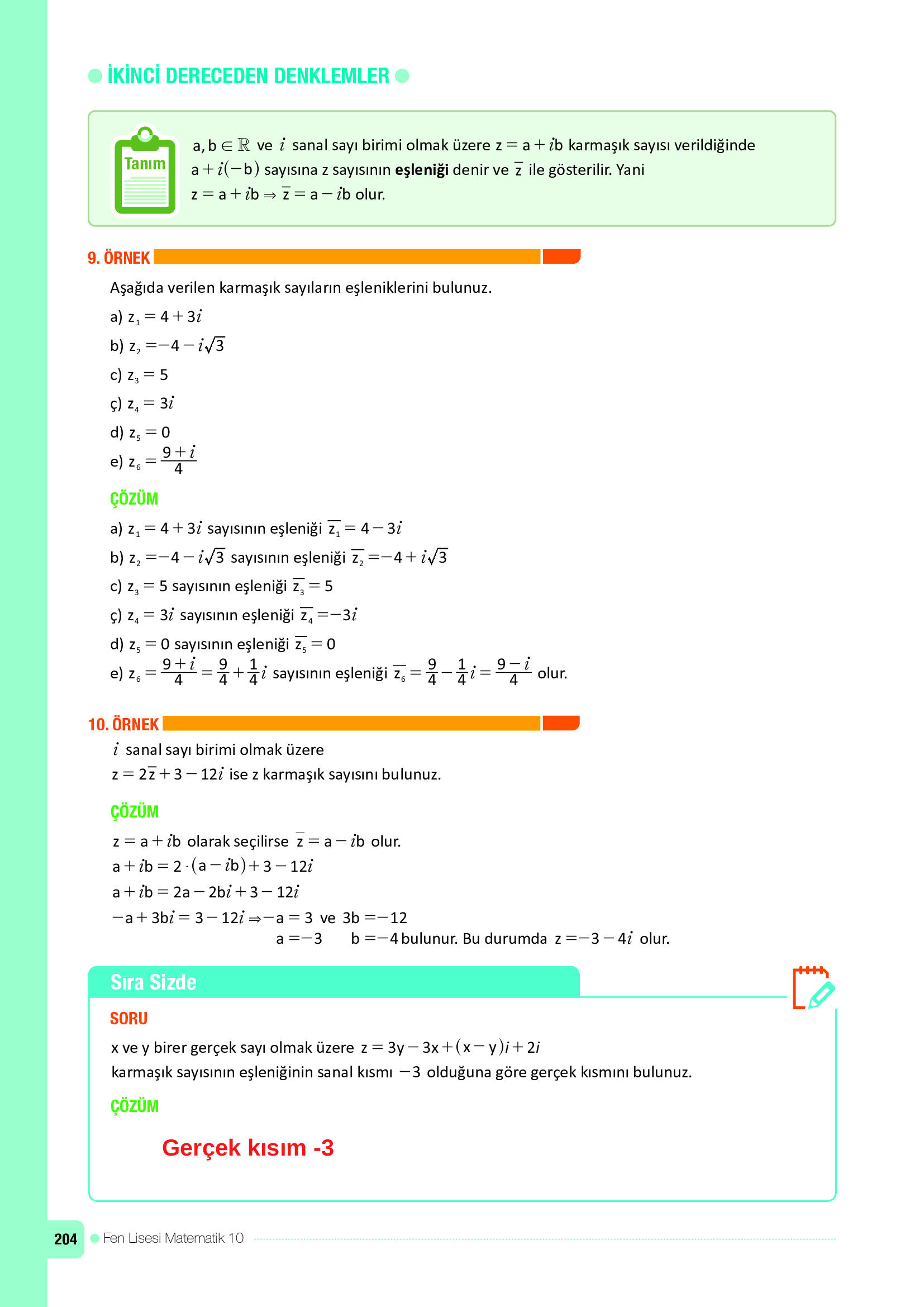 10. Sınıf Meb Yayınları Fen Lisesi Matematik Ders Kitabı Sayfa 204 Cevapları