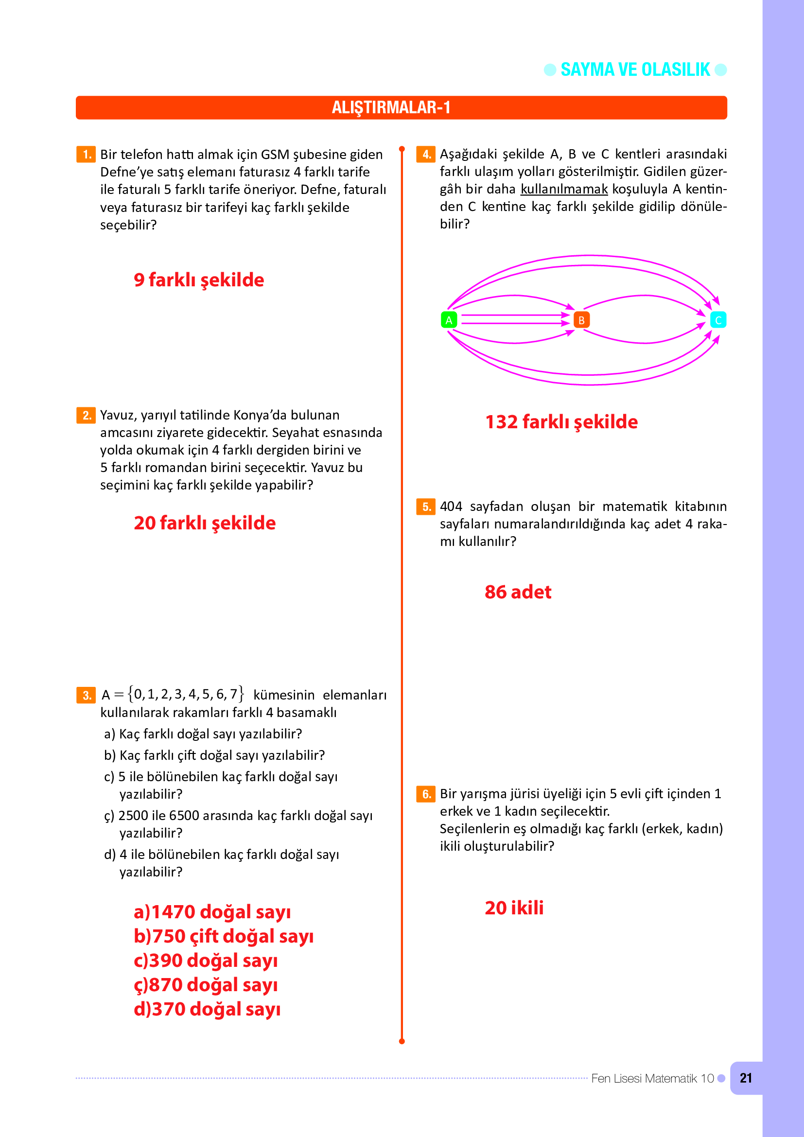 10. Sınıf Meb Yayınları Fen Lisesi Matematik Ders Kitabı Sayfa 21 Cevapları