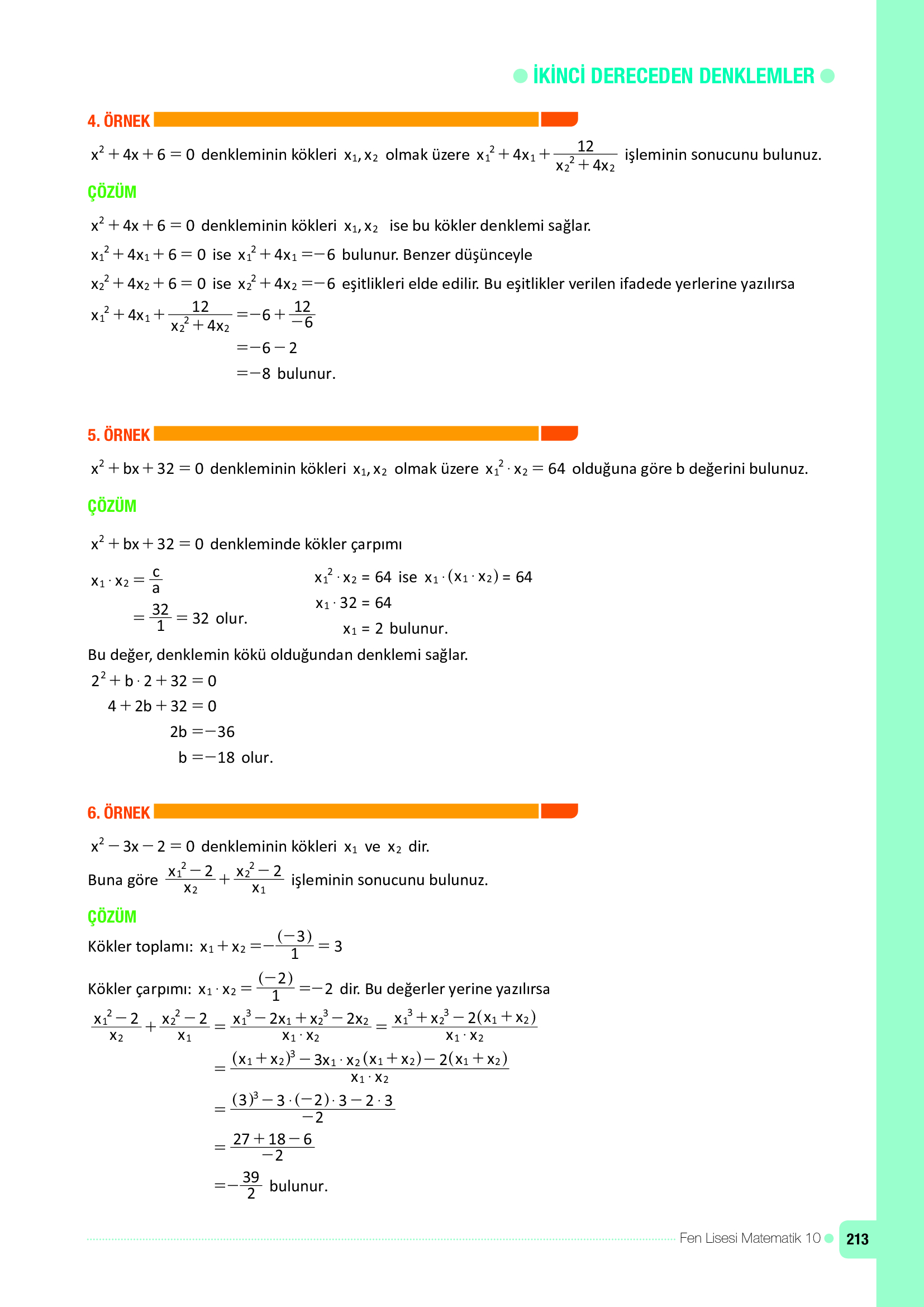 10. Sınıf Meb Yayınları Fen Lisesi Matematik Ders Kitabı Sayfa 213 Cevapları