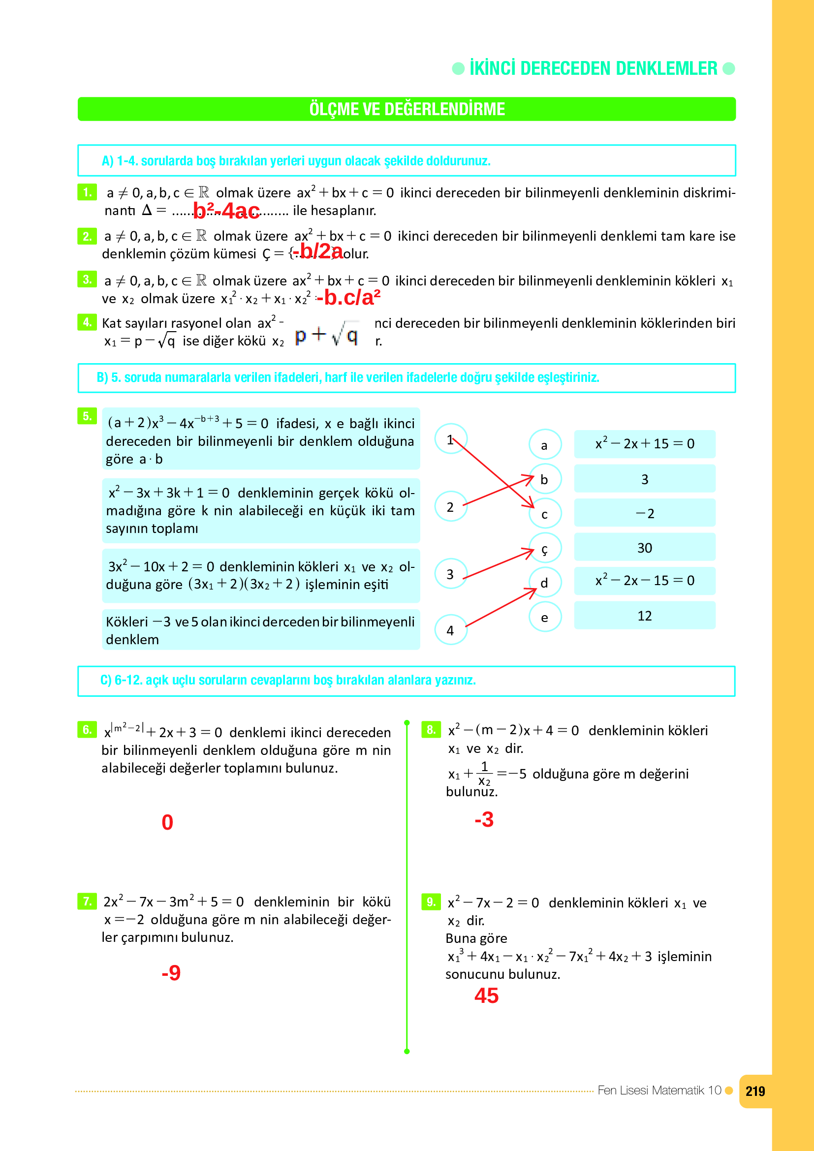 10. Sınıf Meb Yayınları Fen Lisesi Matematik Ders Kitabı Sayfa 219 Cevapları