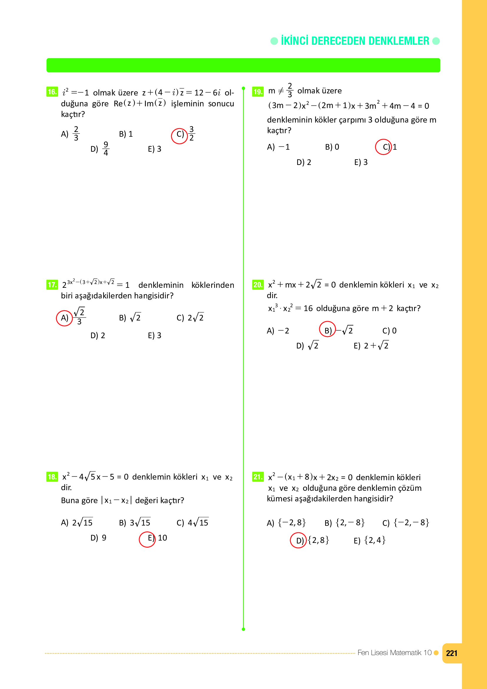 10. Sınıf Meb Yayınları Fen Lisesi Matematik Ders Kitabı Sayfa 221 Cevapları