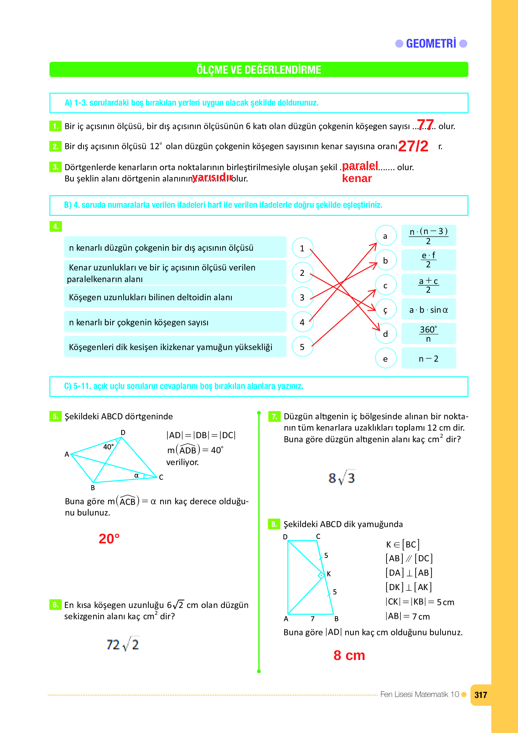 10. Sınıf Meb Yayınları Fen Lisesi Matematik Ders Kitabı Sayfa 317 Cevapları