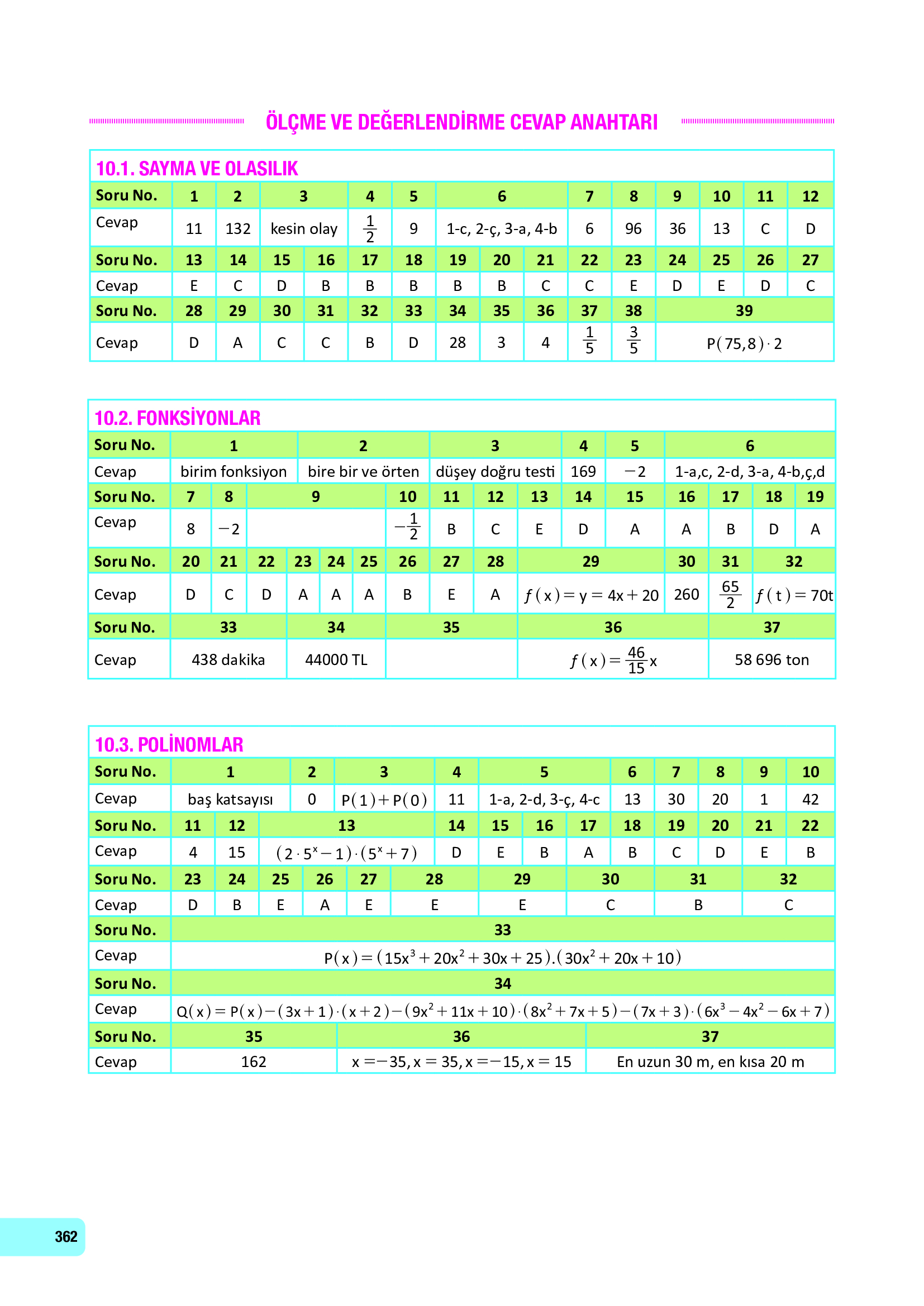 10. Sınıf Meb Yayınları Fen Lisesi Matematik Ders Kitabı Sayfa 362 Cevapları