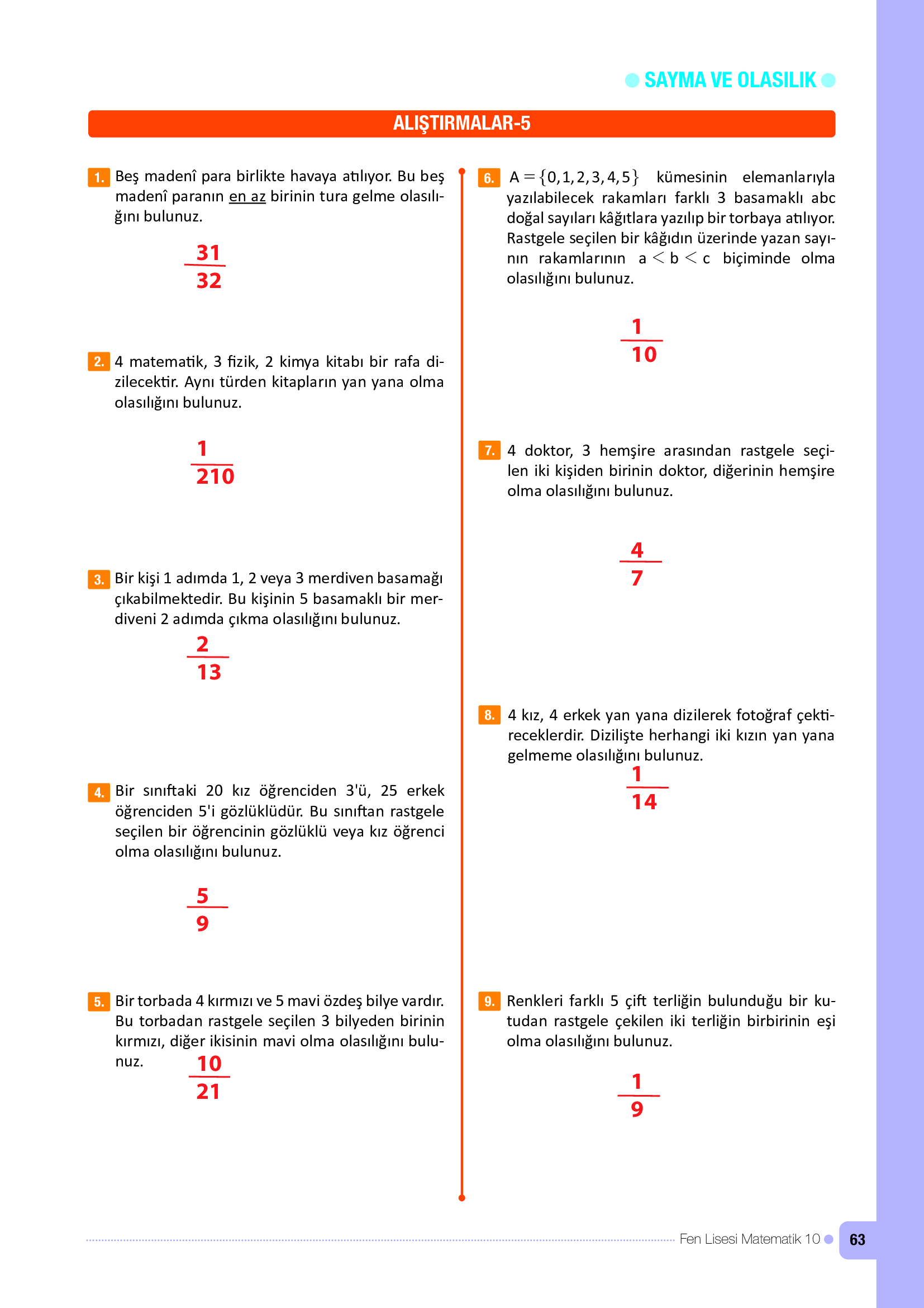 10. Sınıf Meb Yayınları Fen Lisesi Matematik Ders Kitabı Sayfa 63 Cevapları