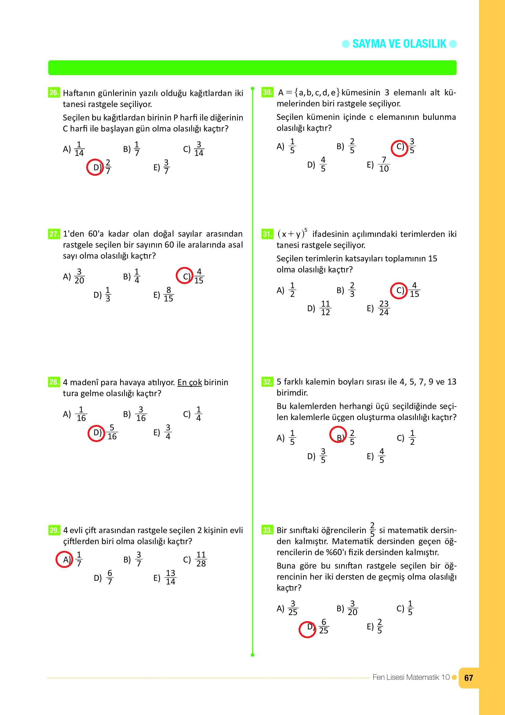 10. Sınıf Meb Yayınları Fen Lisesi Matematik Ders Kitabı Sayfa 67 Cevapları