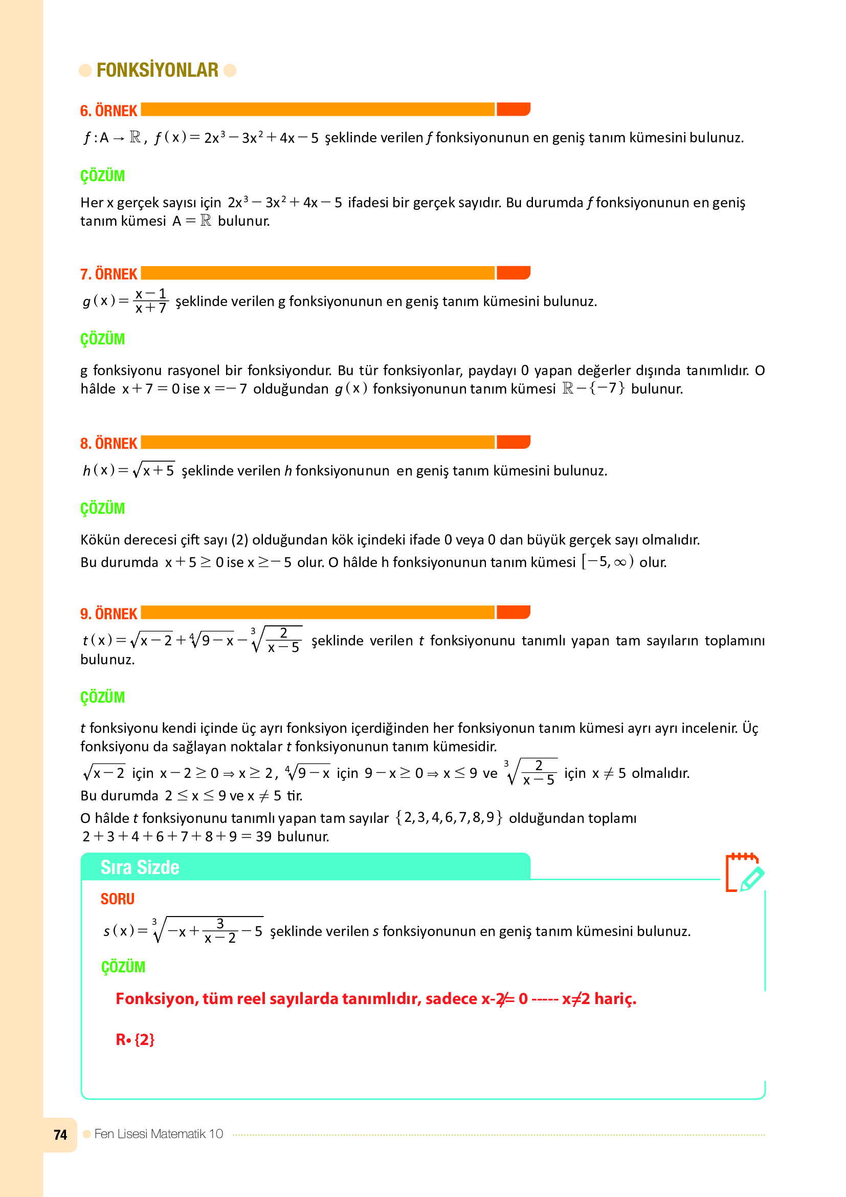 10. Sınıf Meb Yayınları Fen Lisesi Matematik Ders Kitabı Sayfa 74 Cevapları