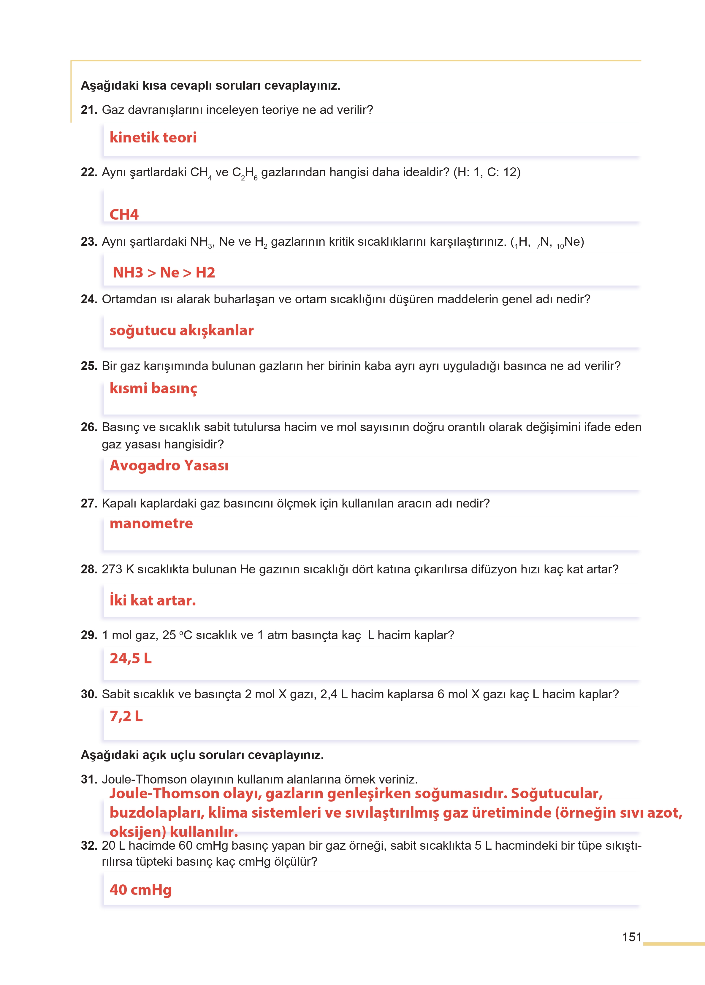 11. Sınıf Meb Yayınları Fen Lisesi Kimya Ders Kitabı Sayfa 151 Cevapları 11. Sınıf Meb Yayınları Fen Lisesi Kimya Ders Kitabı Sayfa 151 Cevapları