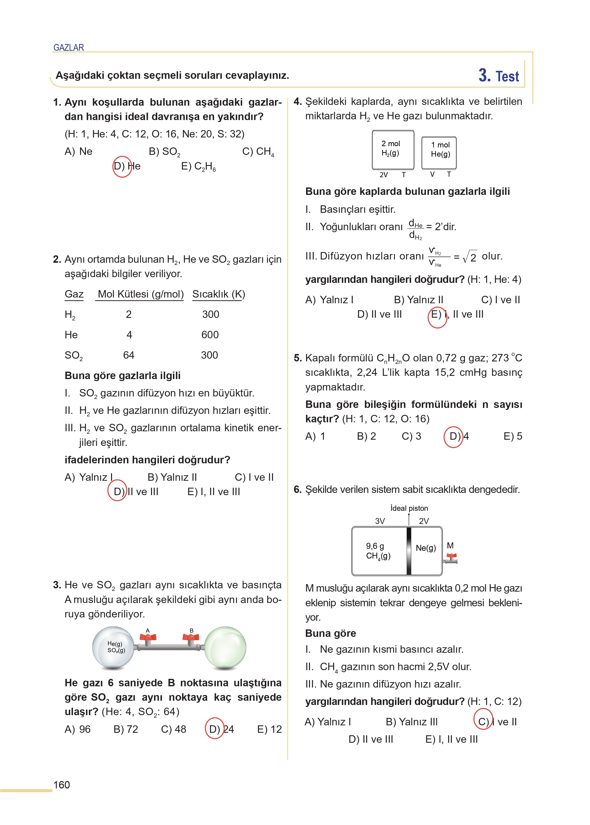 11. Sınıf Meb Yayınları Fen Lisesi Kimya Ders Kitabı Sayfa 160 Cevapları