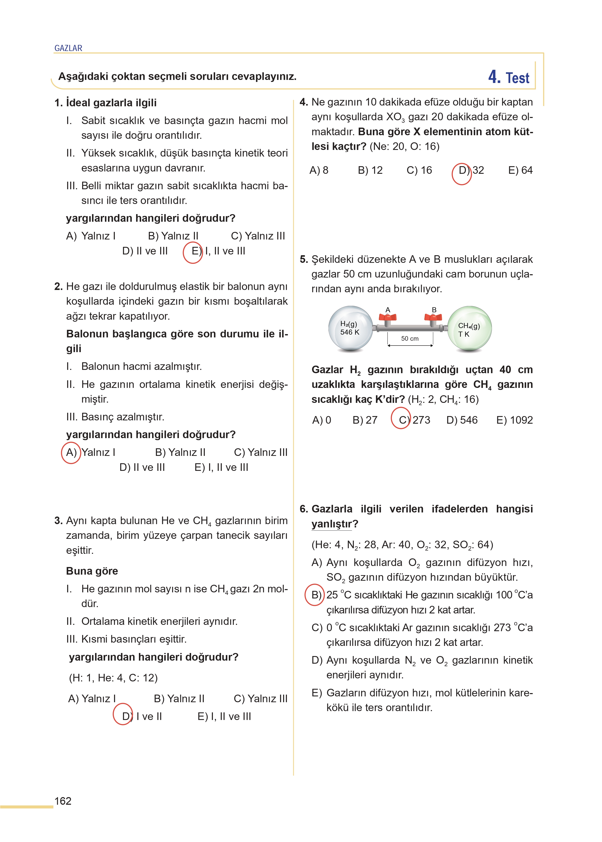 11. Sınıf Meb Yayınları Fen Lisesi Kimya Ders Kitabı Sayfa 162 Cevapları