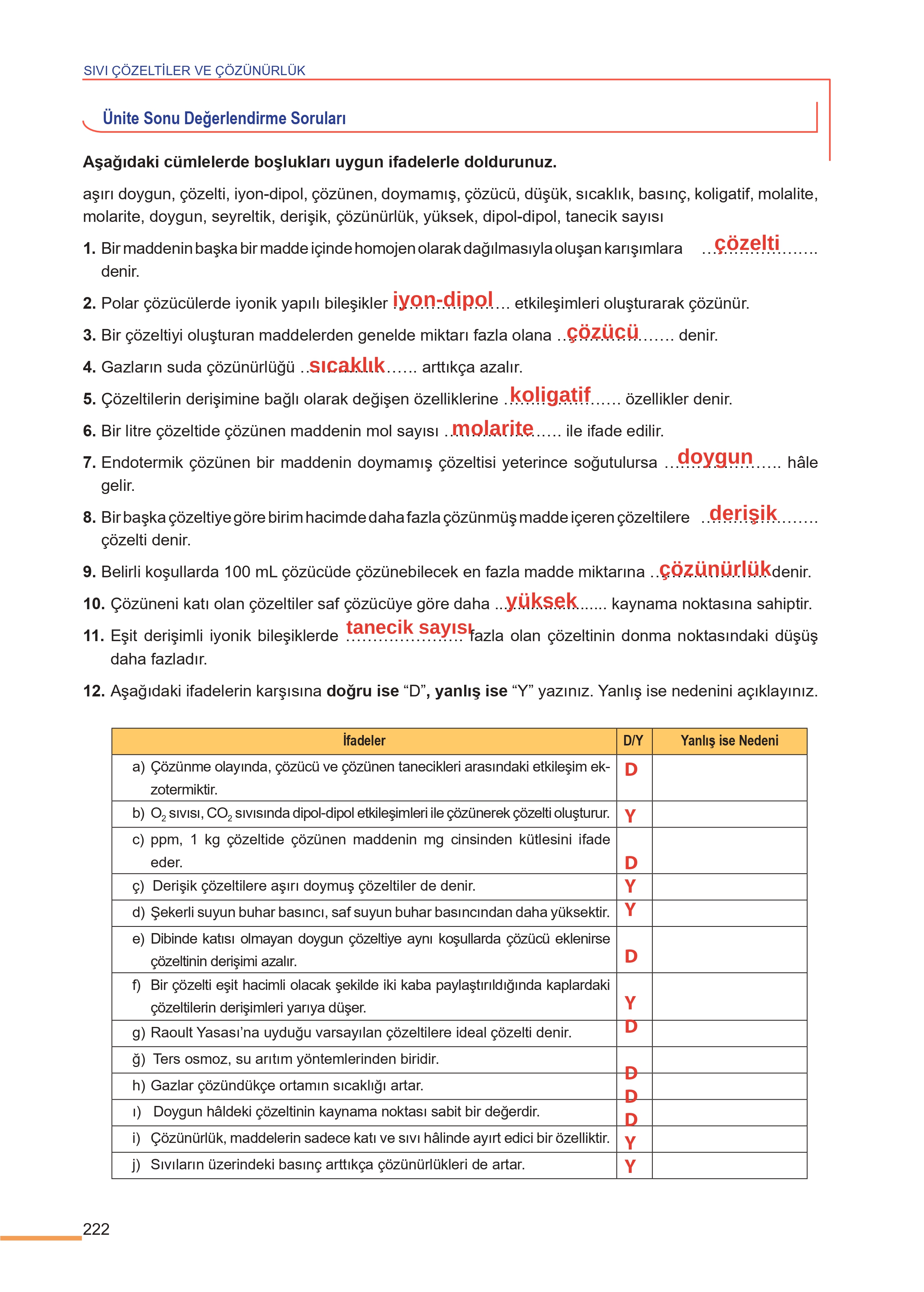 11. Sınıf Meb Yayınları Fen Lisesi Kimya Ders Kitabı Sayfa 222 Cevapları