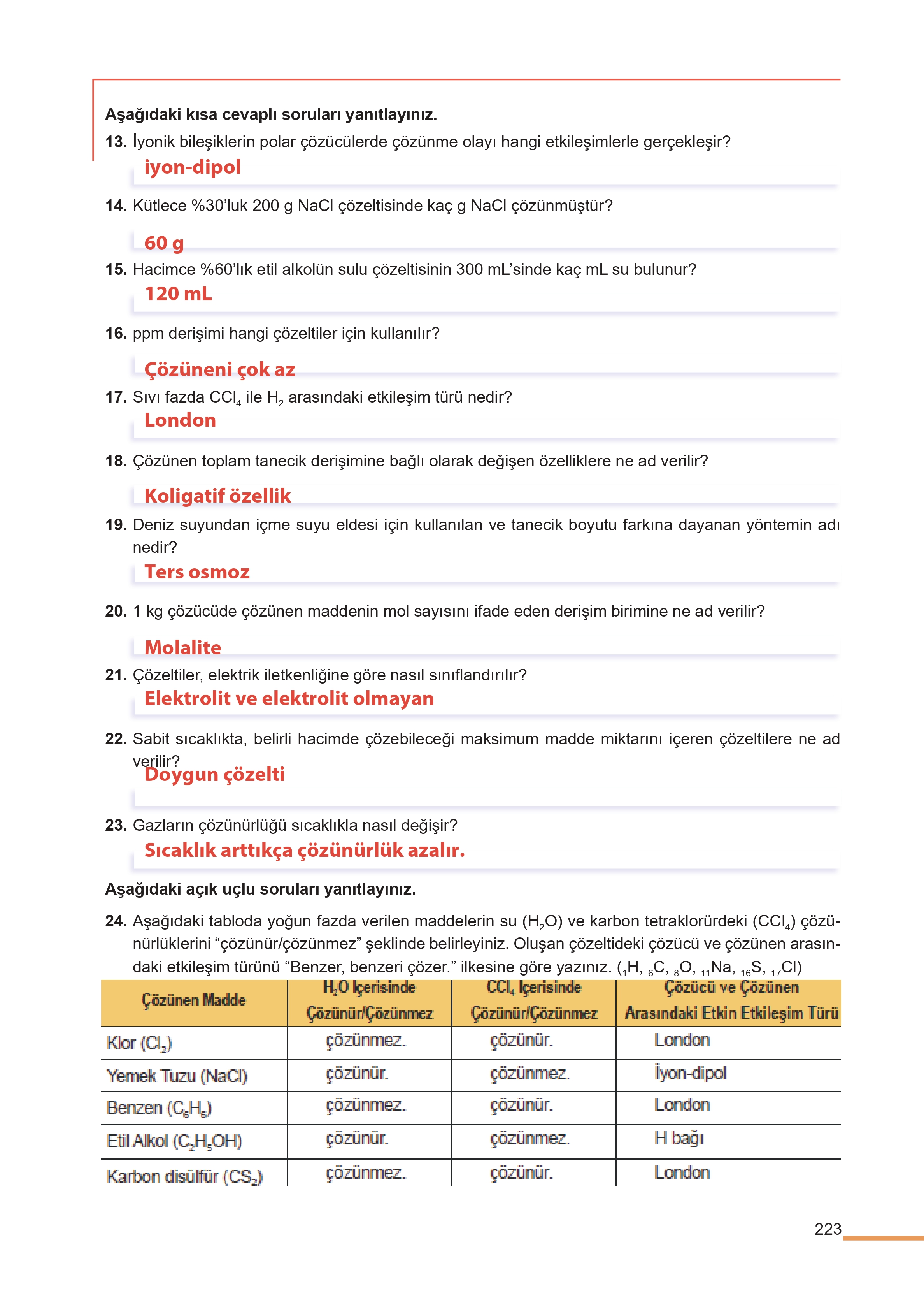 11. Sınıf Meb Yayınları Fen Lisesi Kimya Ders Kitabı Sayfa 223 Cevapları