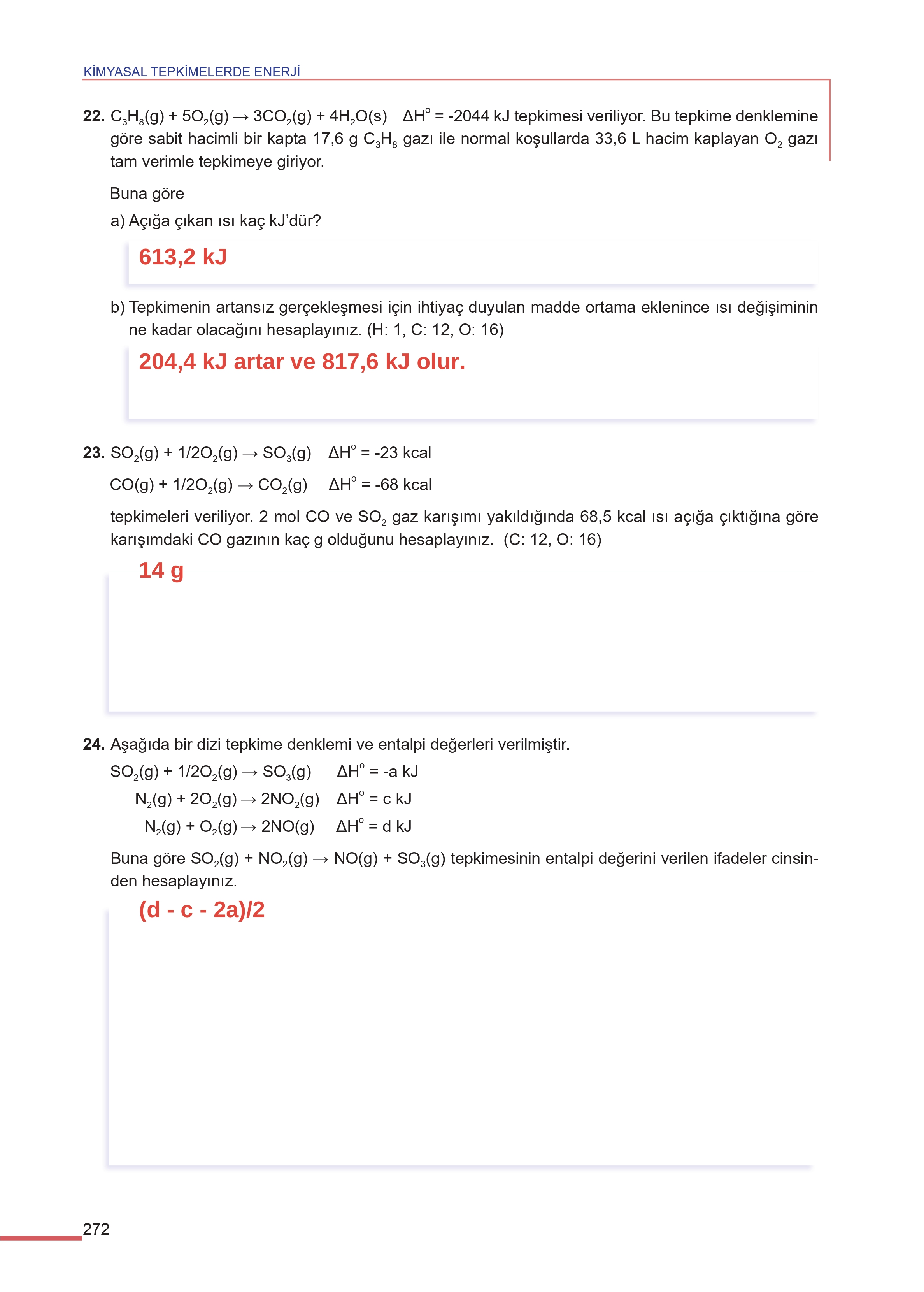 11. Sınıf Meb Yayınları Fen Lisesi Kimya Ders Kitabı Sayfa 272 Cevapları