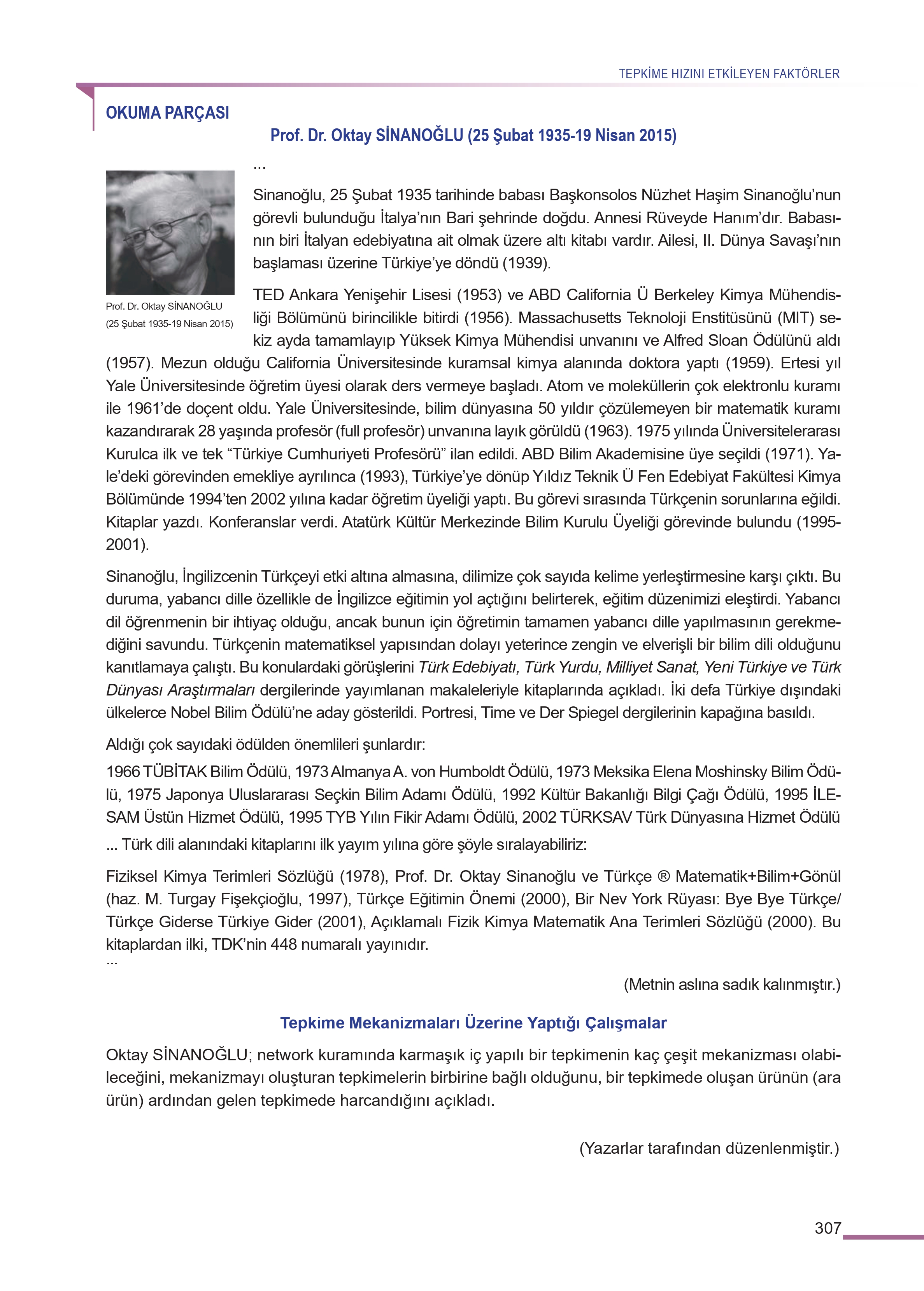 11. Sınıf Meb Yayınları Fen Lisesi Kimya Ders Kitabı Sayfa 307 Cevapları