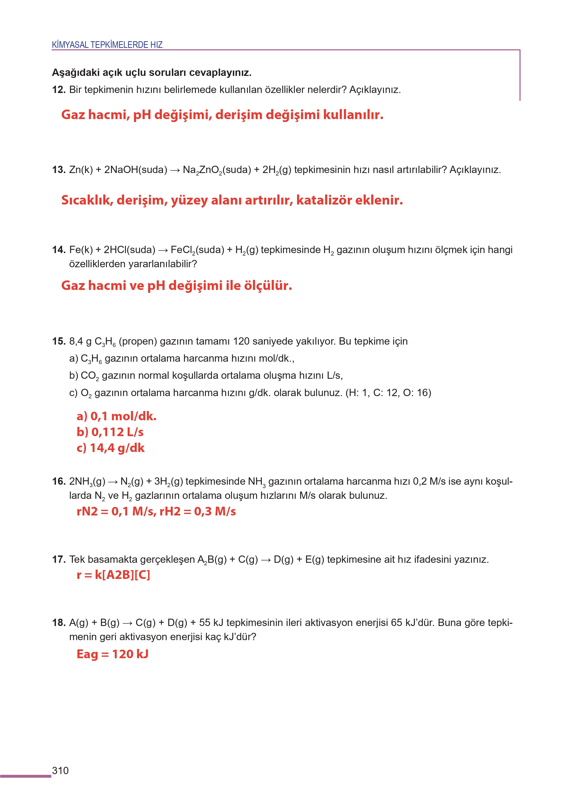 11. Sınıf Meb Yayınları Fen Lisesi Kimya Ders Kitabı Sayfa 310 Cevapları