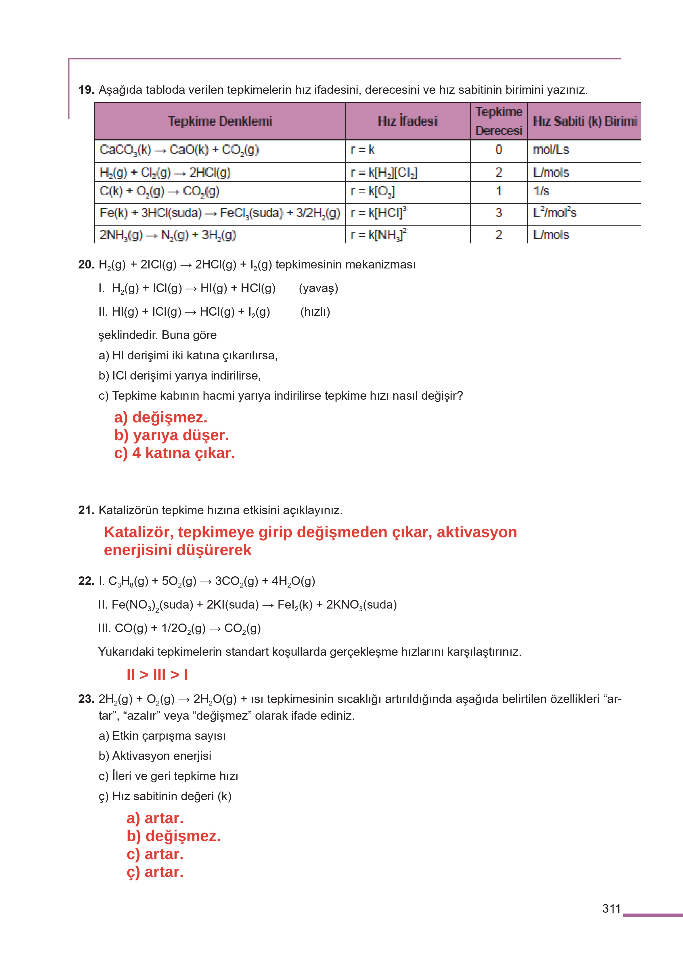 11. Sınıf Meb Yayınları Fen Lisesi Kimya Ders Kitabı Sayfa 311 Cevapları