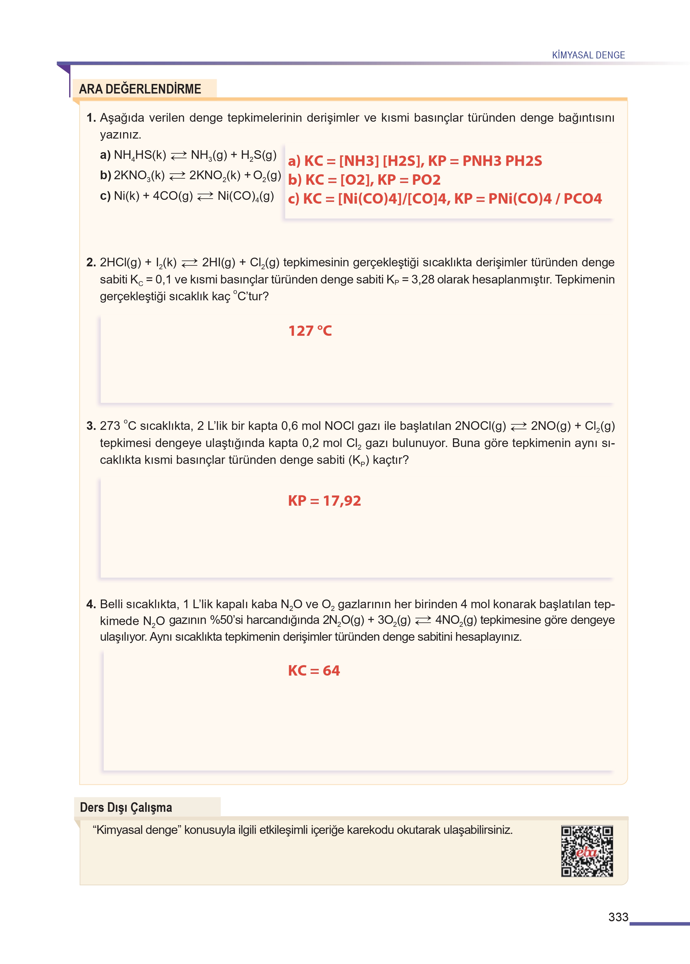11. Sınıf Meb Yayınları Fen Lisesi Kimya Ders Kitabı Sayfa 333 Cevapları