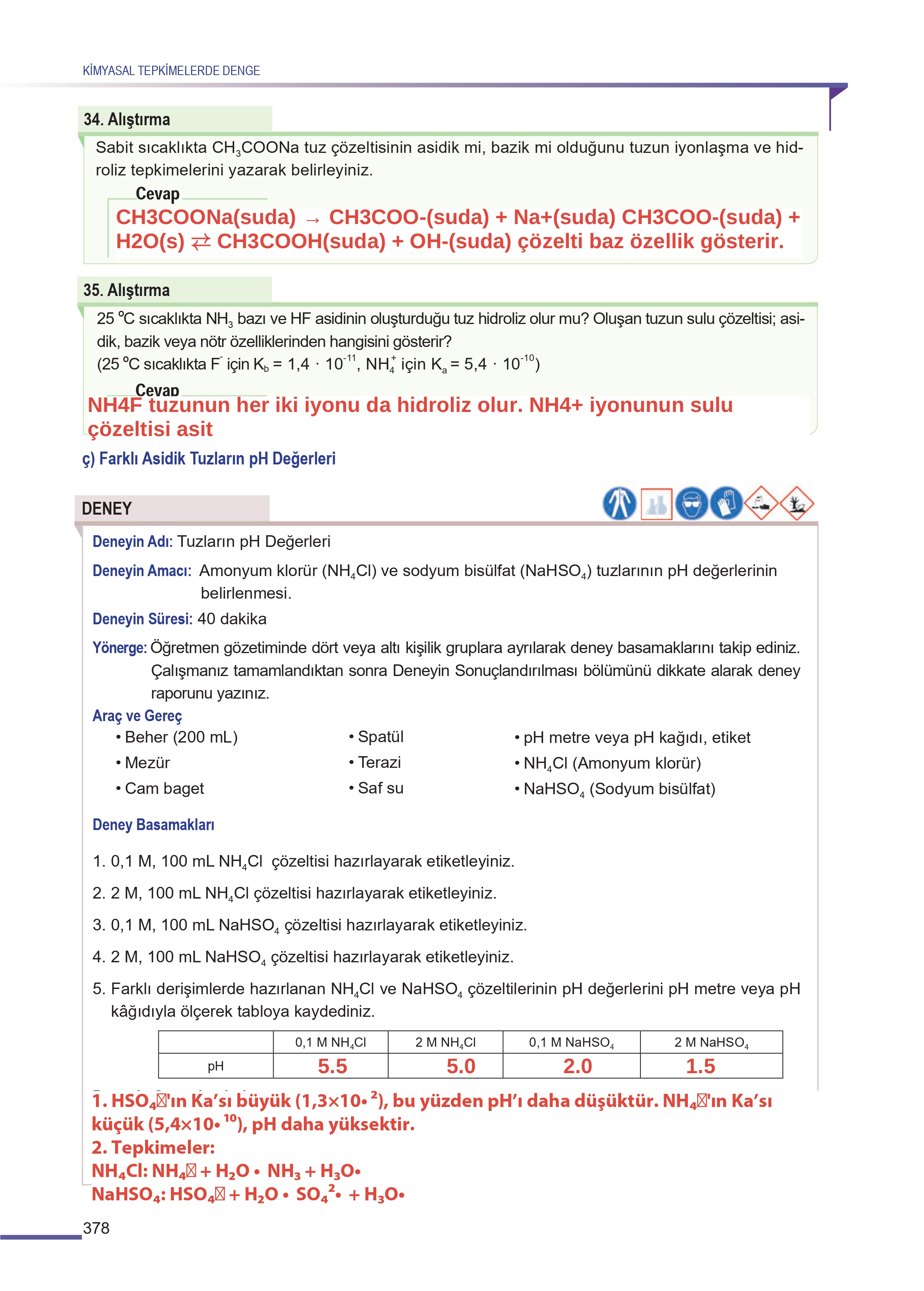11. Sınıf Meb Yayınları Fen Lisesi Kimya Ders Kitabı Sayfa 378 Cevapları