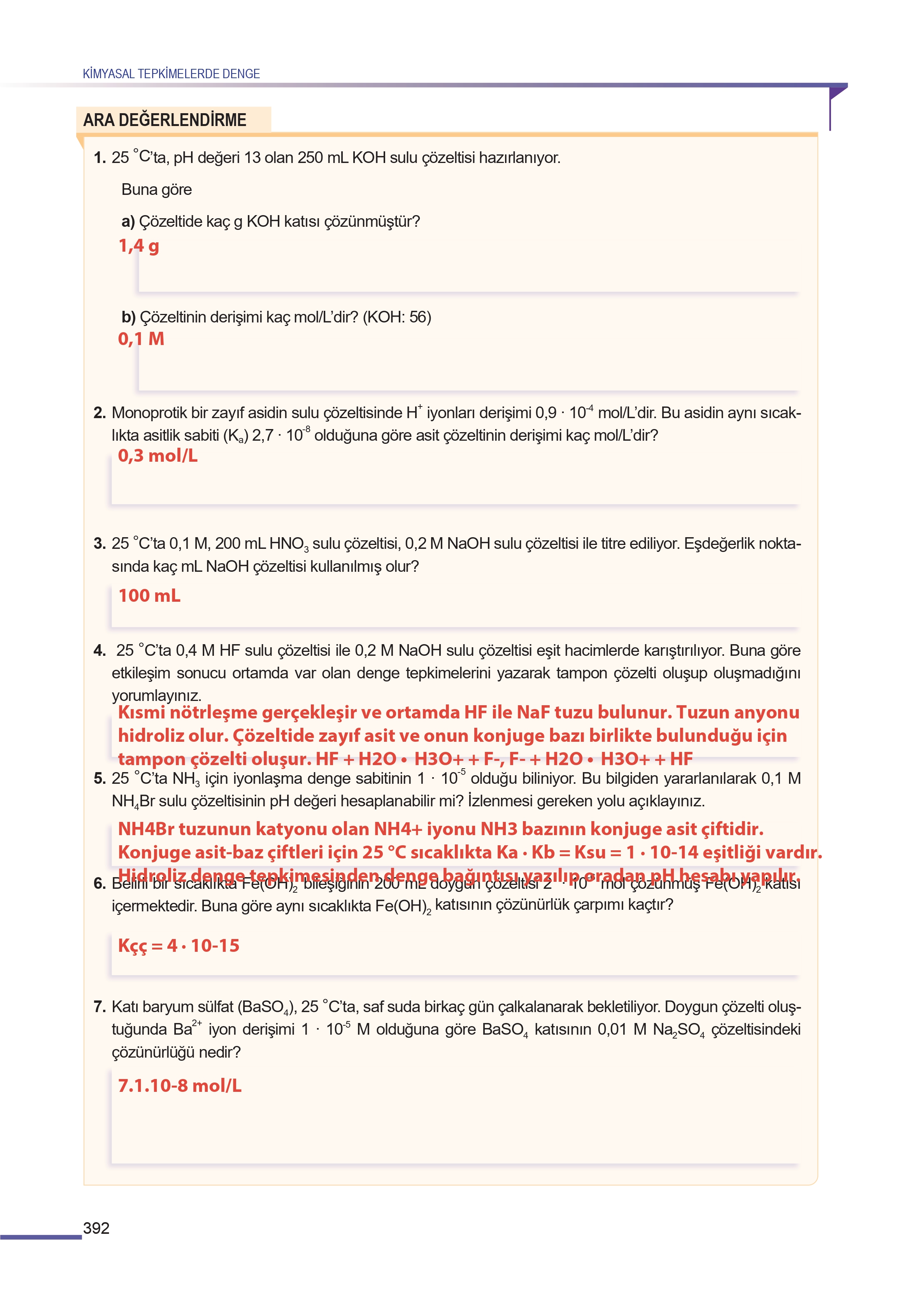 11. Sınıf Meb Yayınları Fen Lisesi Kimya Ders Kitabı Sayfa 392 Cevapları