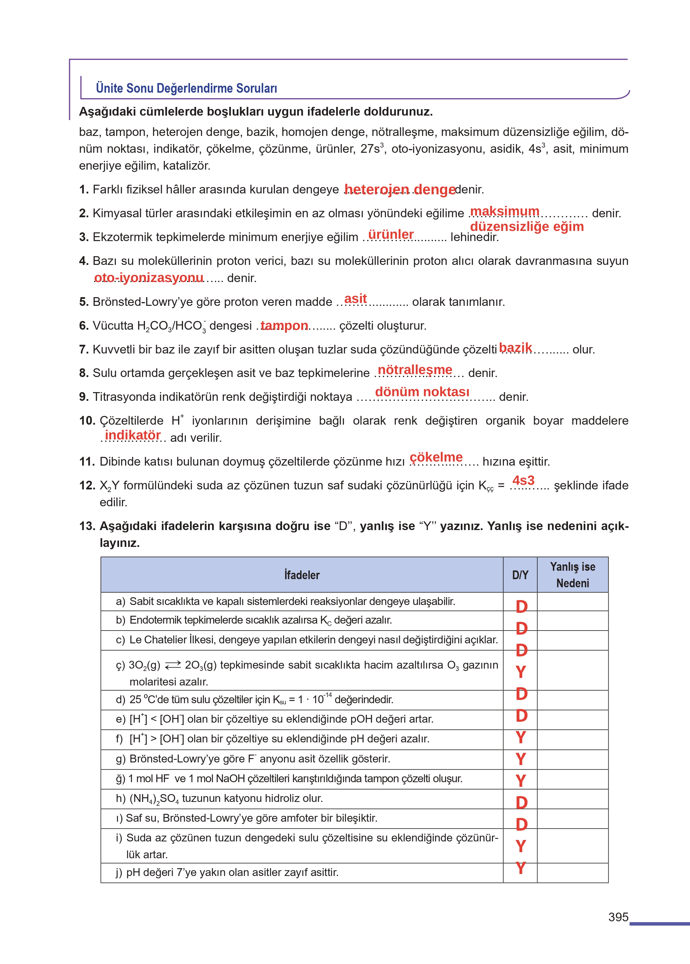 11. Sınıf Meb Yayınları Fen Lisesi Kimya Ders Kitabı Sayfa 395 Cevapları