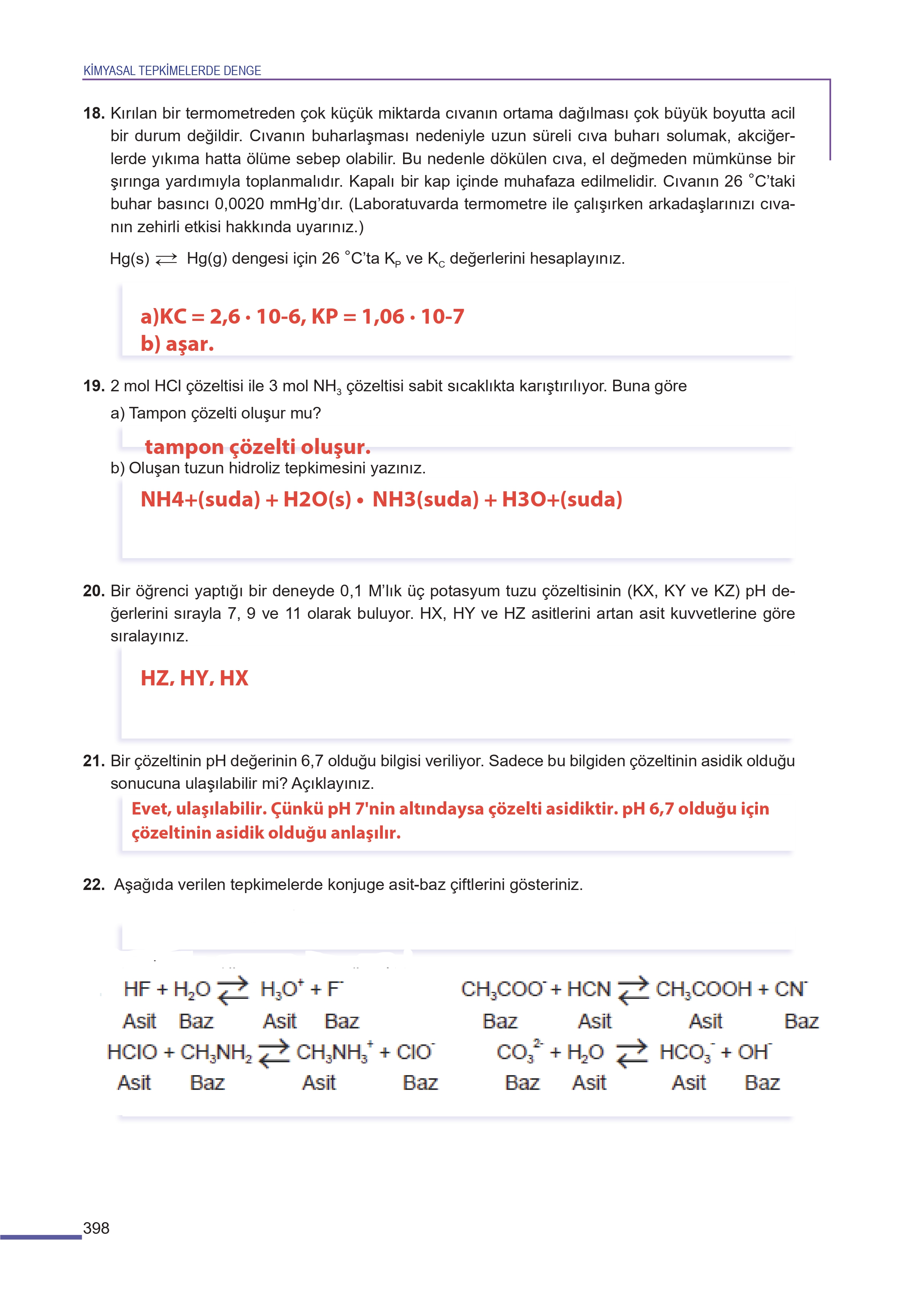11. Sınıf Meb Yayınları Fen Lisesi Kimya Ders Kitabı Sayfa 398 Cevapları