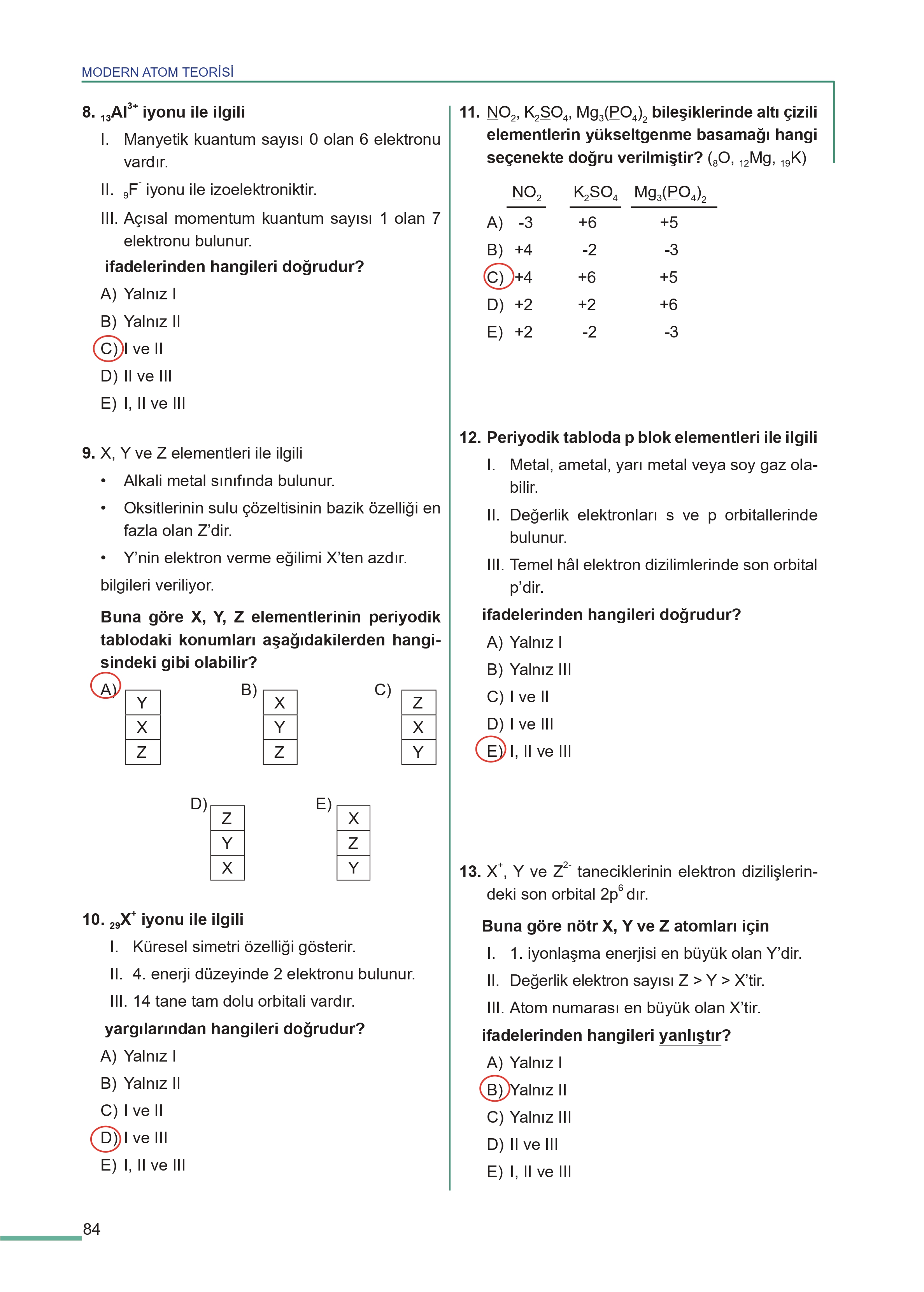 11. Sınıf Meb Yayınları Fen Lisesi Kimya Ders Kitabı Sayfa 84 Cevapları