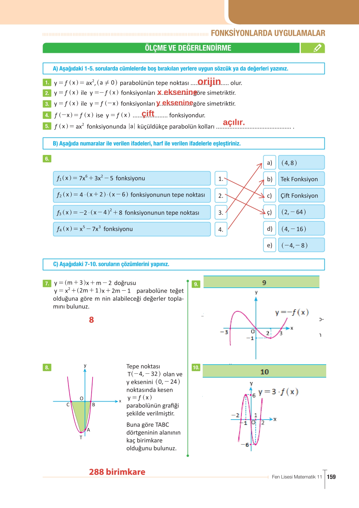 11. Sınıf Meb Yayınları Fen Lisesi Matematik Ders Kitabı Sayfa 159 Cevapları
