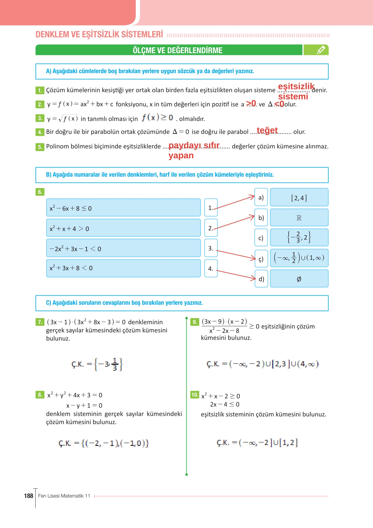 11. Sınıf Meb Yayınları Fen Lisesi Matematik Ders Kitabı Sayfa 188 Cevapları