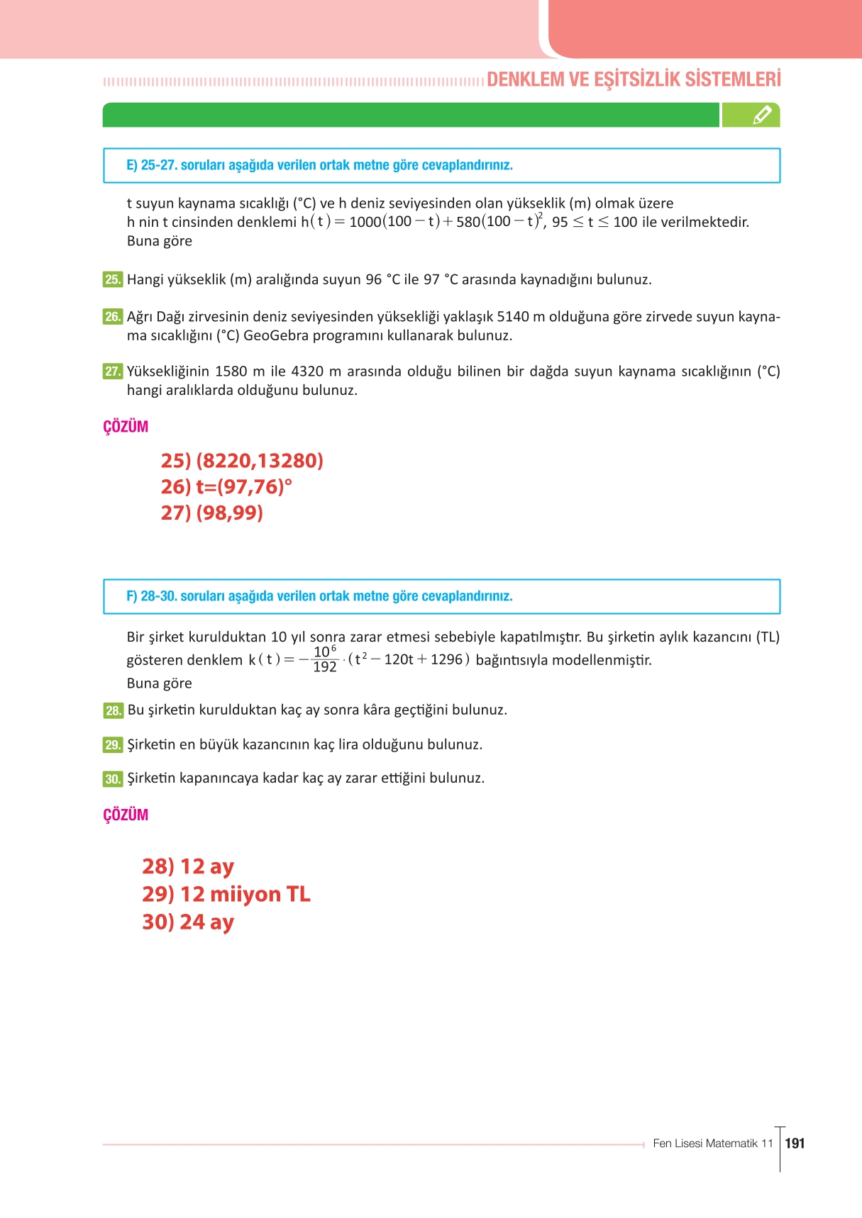11. Sınıf Meb Yayınları Fen Lisesi Matematik Ders Kitabı Sayfa 191 Cevapları