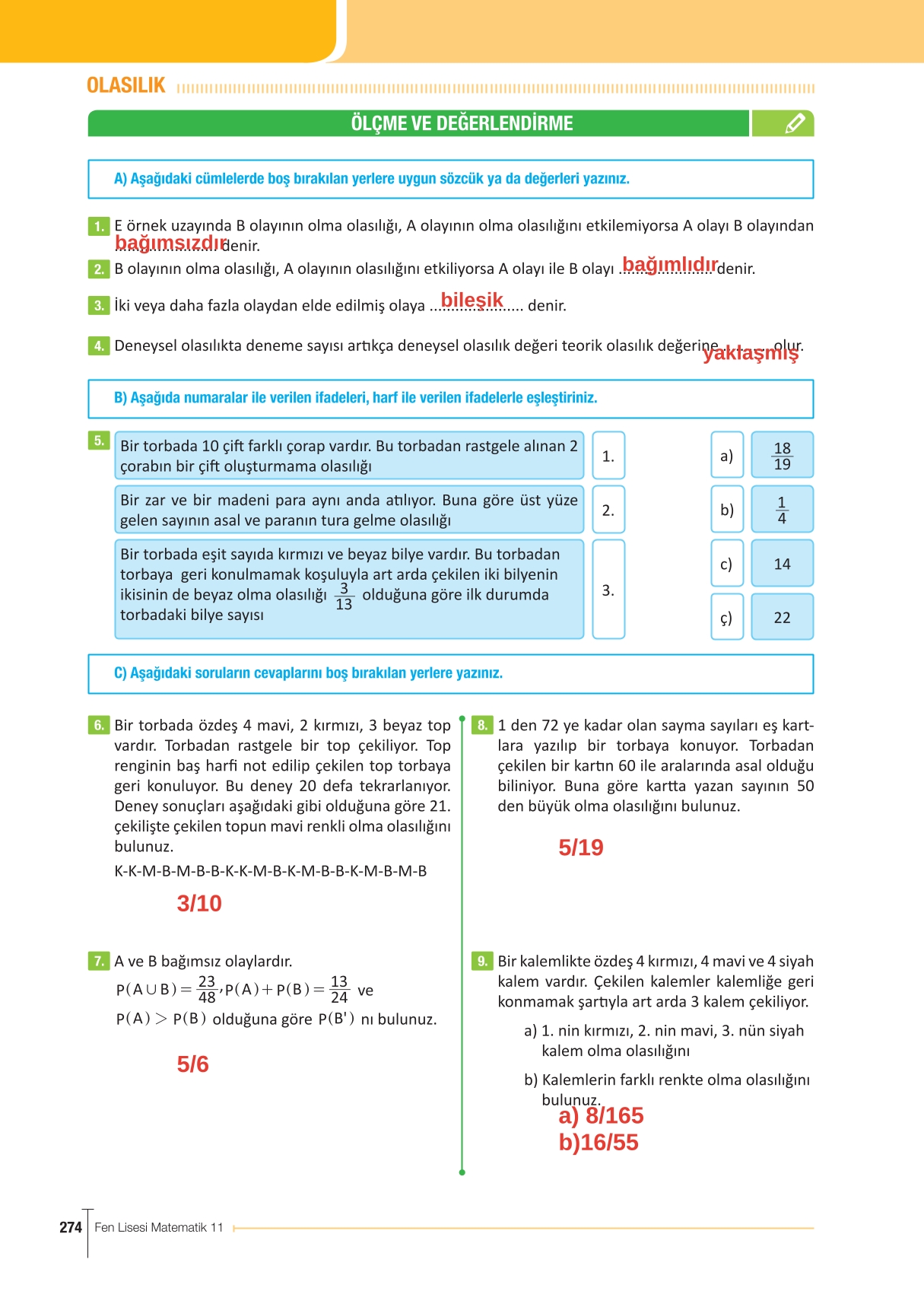11. Sınıf Meb Yayınları Fen Lisesi Matematik Ders Kitabı Sayfa 274 Cevapları