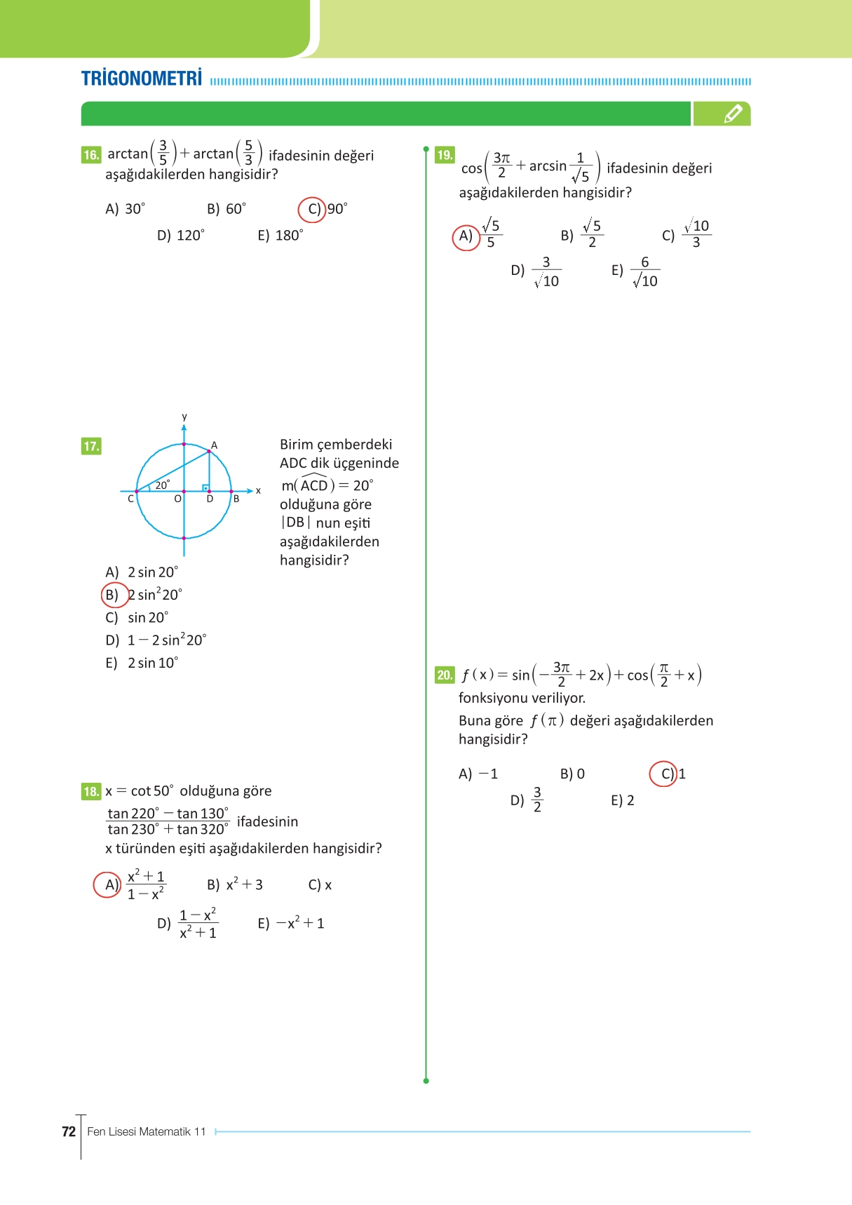 11. Sınıf Meb Yayınları Fen Lisesi Matematik Ders Kitabı Sayfa 72 Cevapları