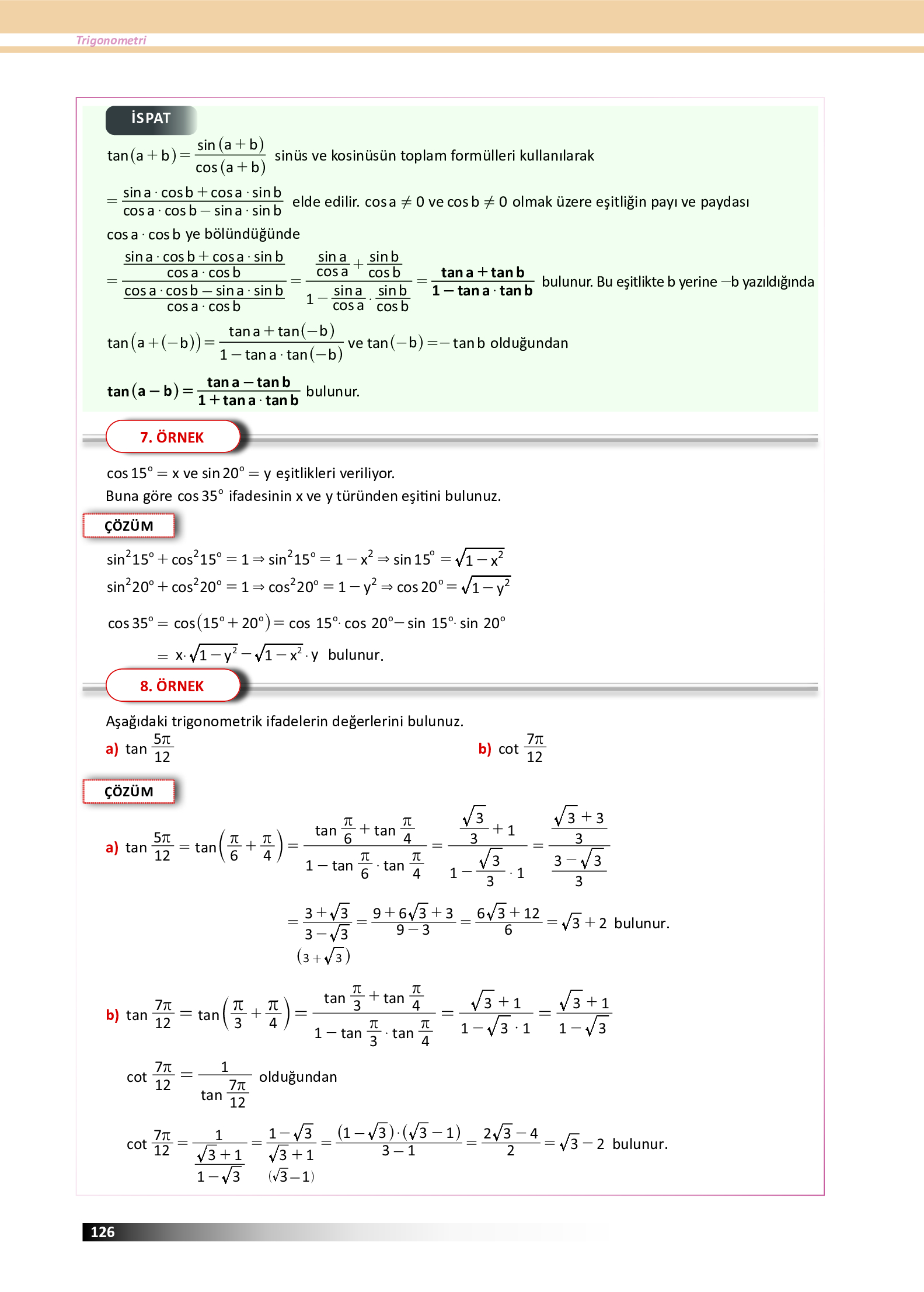 12. Sınıf Meb Yayınları Fen Lisesi Matematik Ders Kitabı Sayfa 126 Cevapları