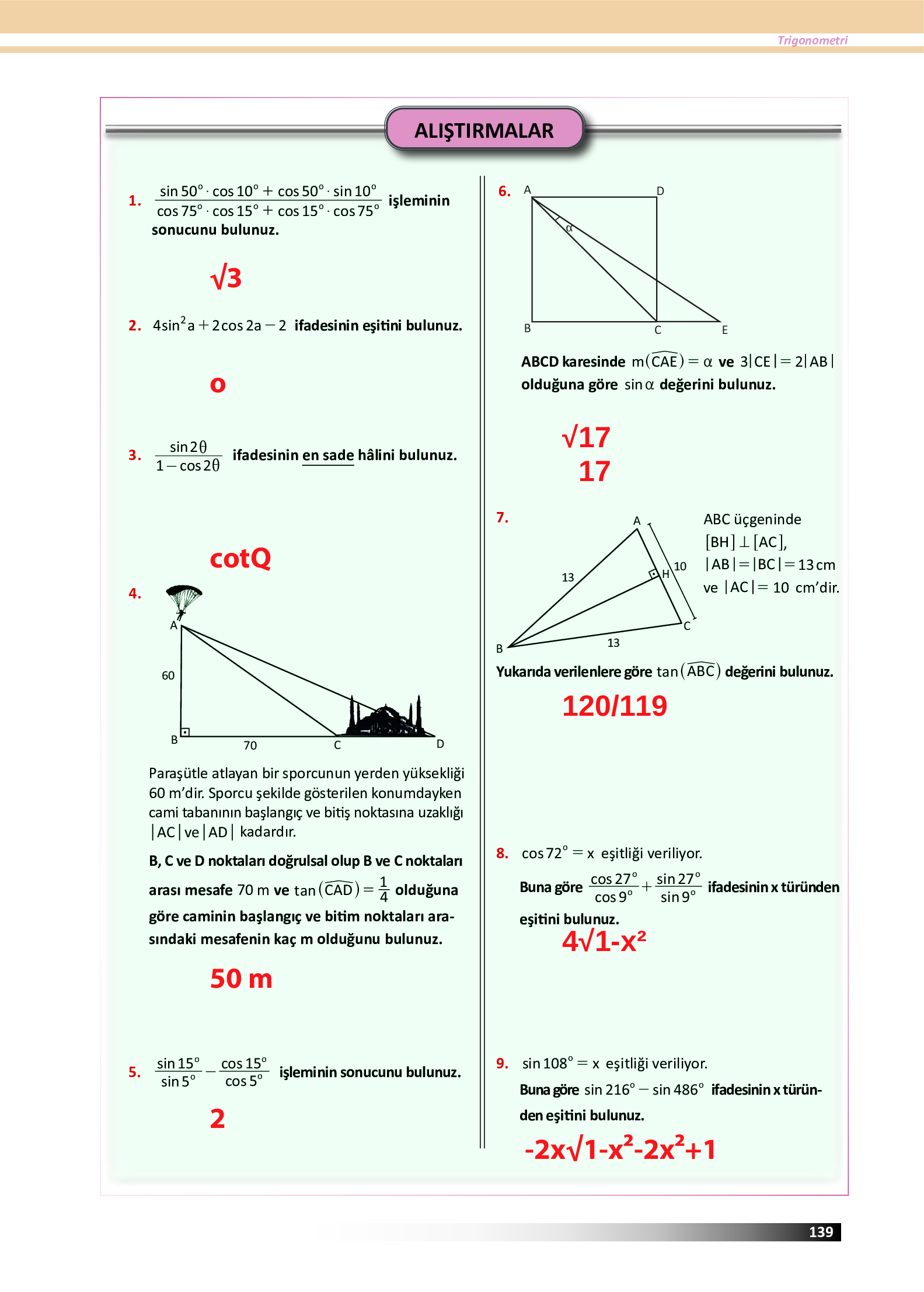 12. Sınıf Meb Yayınları Fen Lisesi Matematik Ders Kitabı Sayfa 139 Cevapları