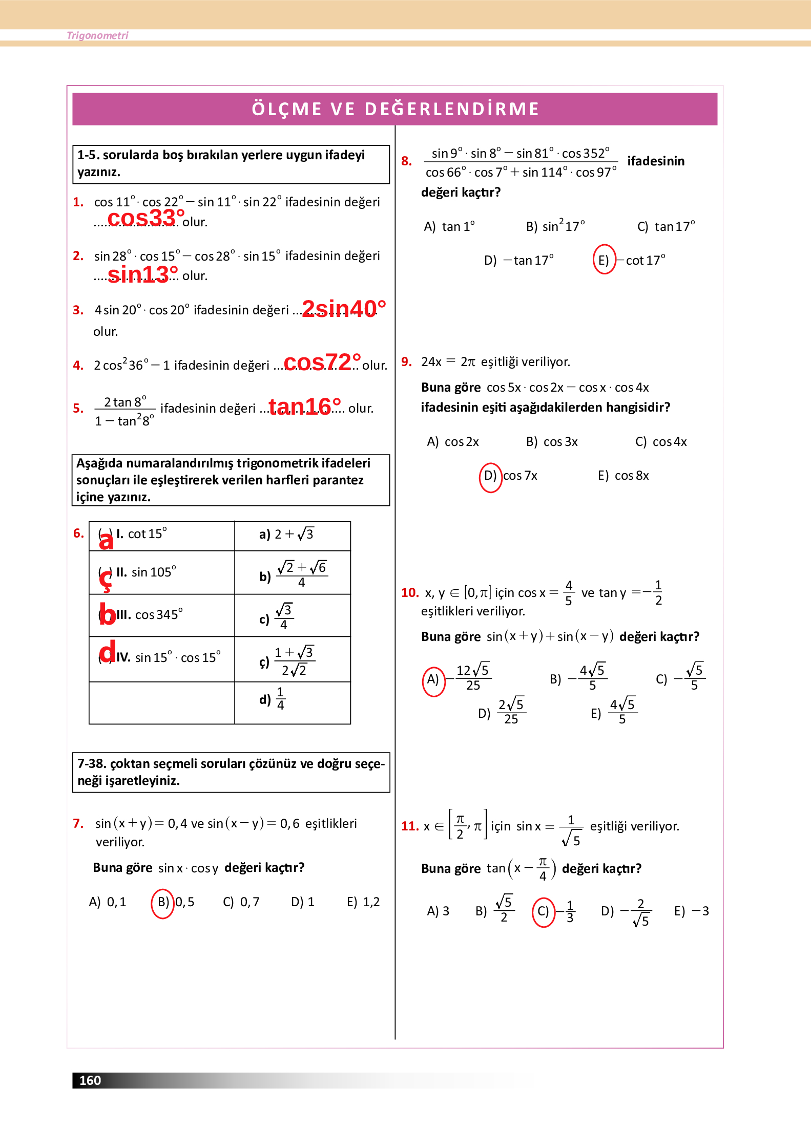 12. Sınıf Meb Yayınları Fen Lisesi Matematik Ders Kitabı Sayfa 160 Cevapları