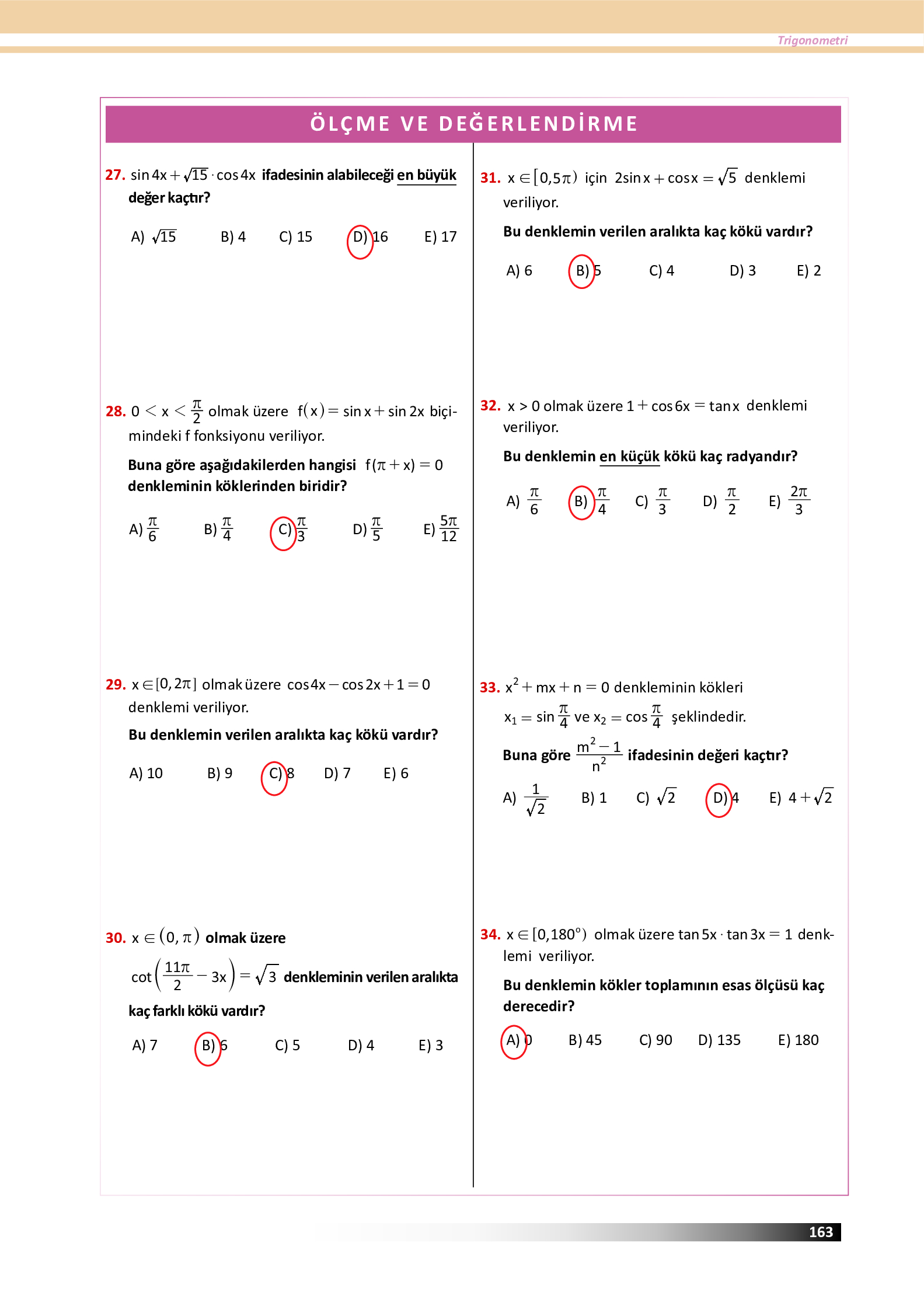 12. Sınıf Meb Yayınları Fen Lisesi Matematik Ders Kitabı Sayfa 163 Cevapları