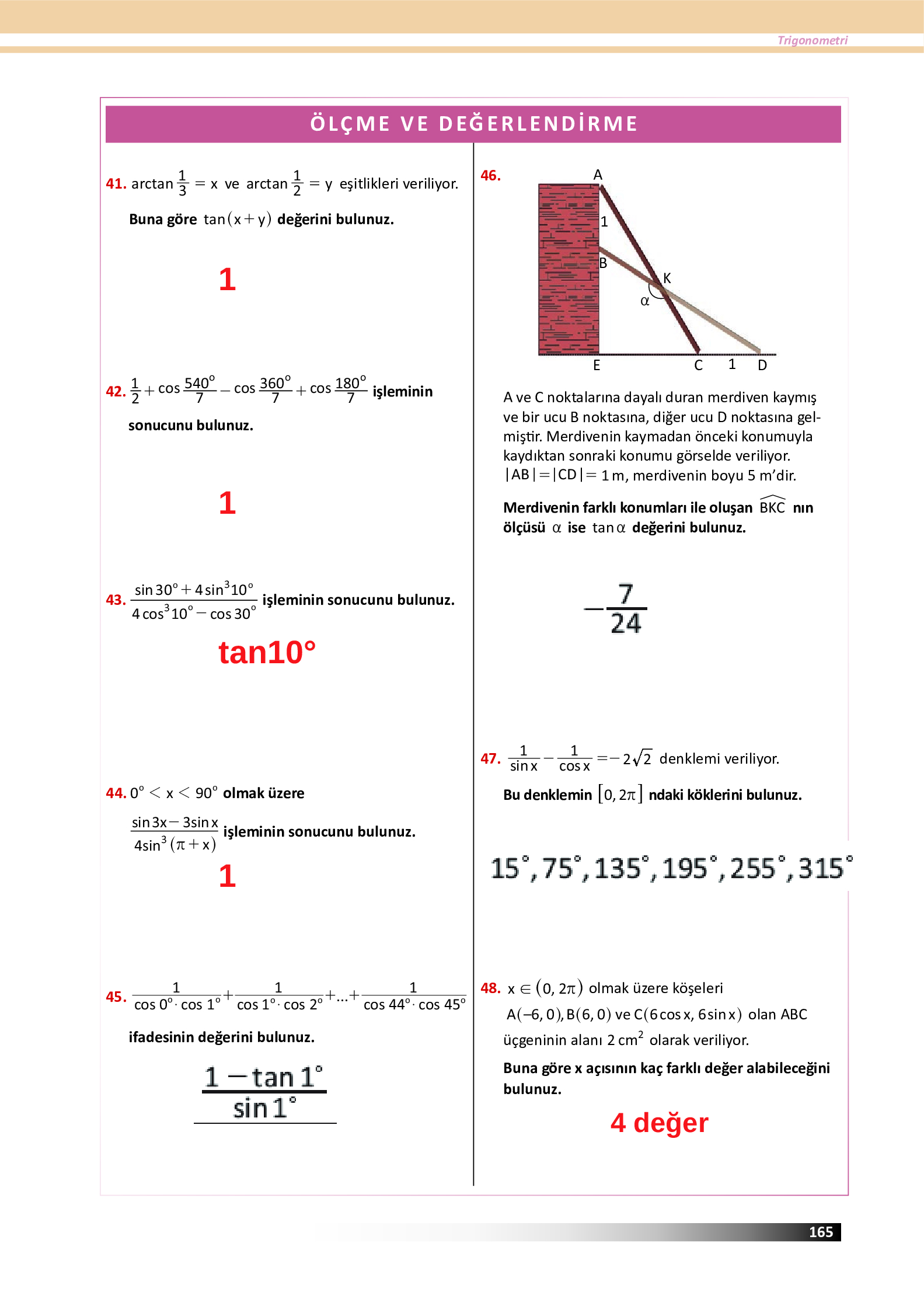 12. Sınıf Meb Yayınları Fen Lisesi Matematik Ders Kitabı Sayfa 165 Cevapları