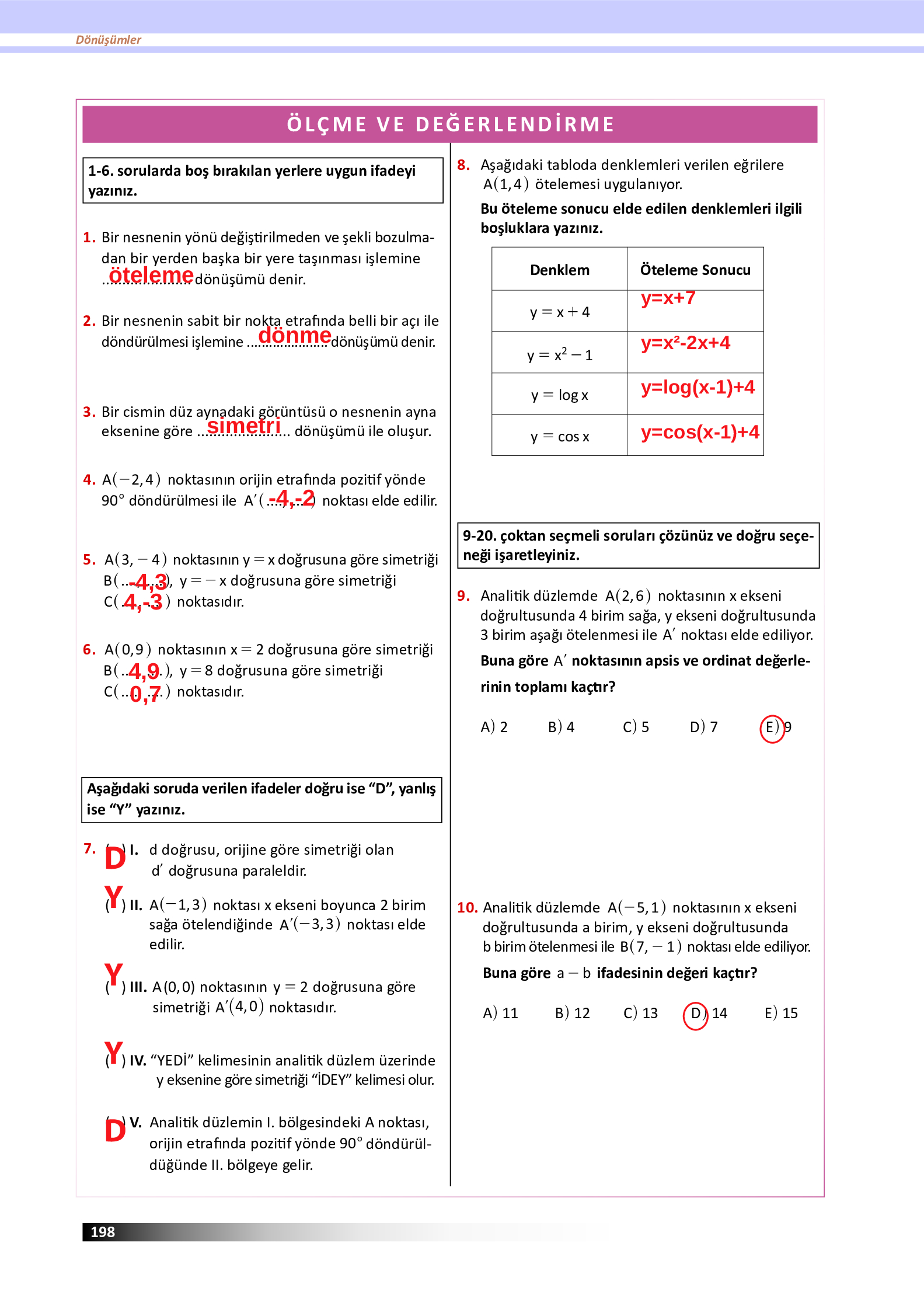 12. Sınıf Meb Yayınları Fen Lisesi Matematik Ders Kitabı Sayfa 198 Cevapları