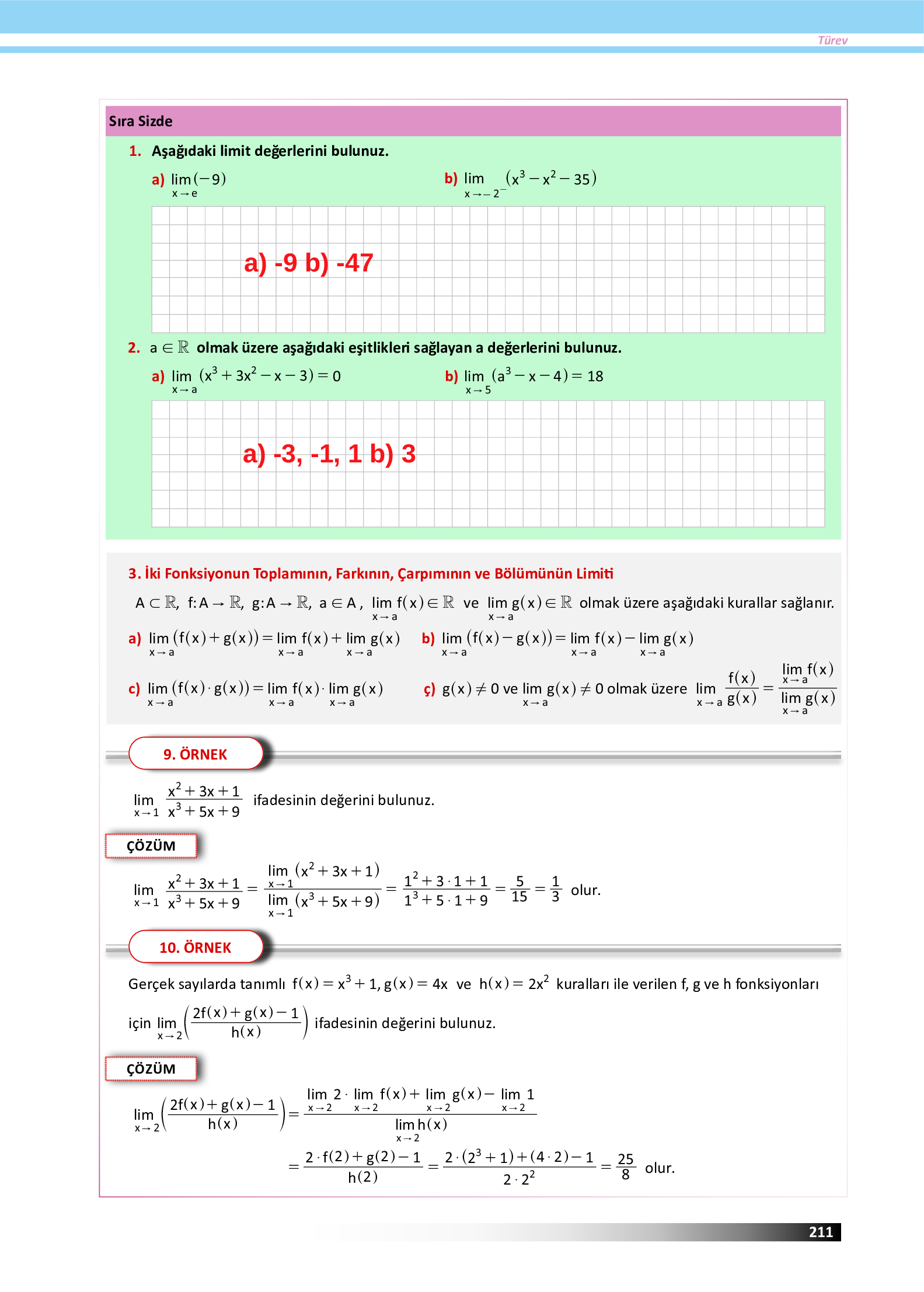 12. Sınıf Meb Yayınları Fen Lisesi Matematik Ders Kitabı Sayfa 211 Cevapları