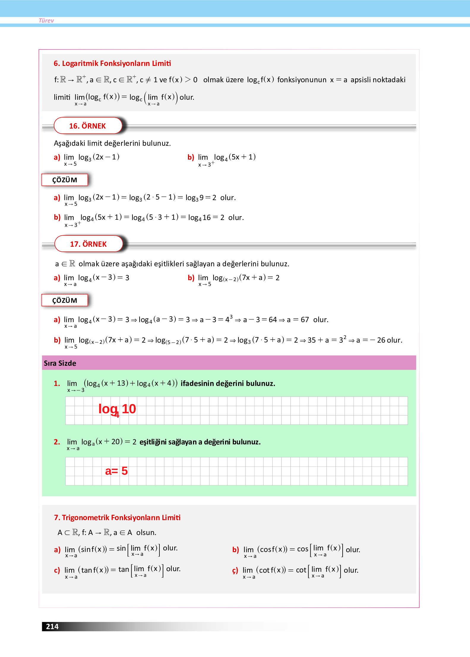 12. Sınıf Meb Yayınları Fen Lisesi Matematik Ders Kitabı Sayfa 214 Cevapları
