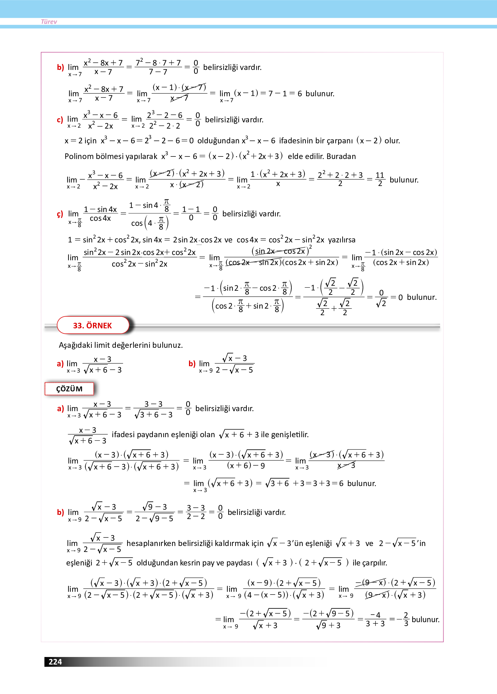 12. Sınıf Meb Yayınları Fen Lisesi Matematik Ders Kitabı Sayfa 224 Cevapları