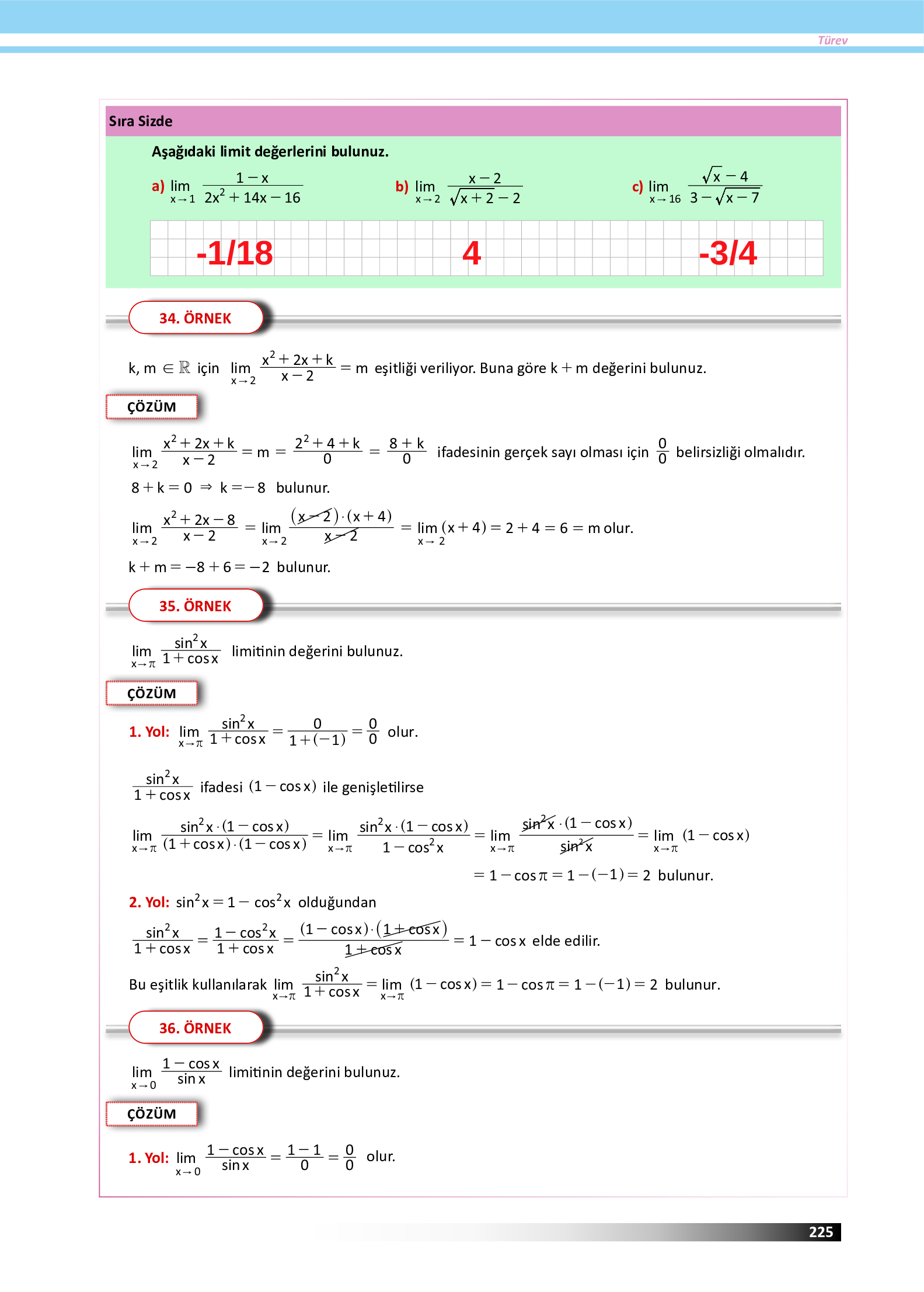 12. Sınıf Meb Yayınları Fen Lisesi Matematik Ders Kitabı Sayfa 225 Cevapları