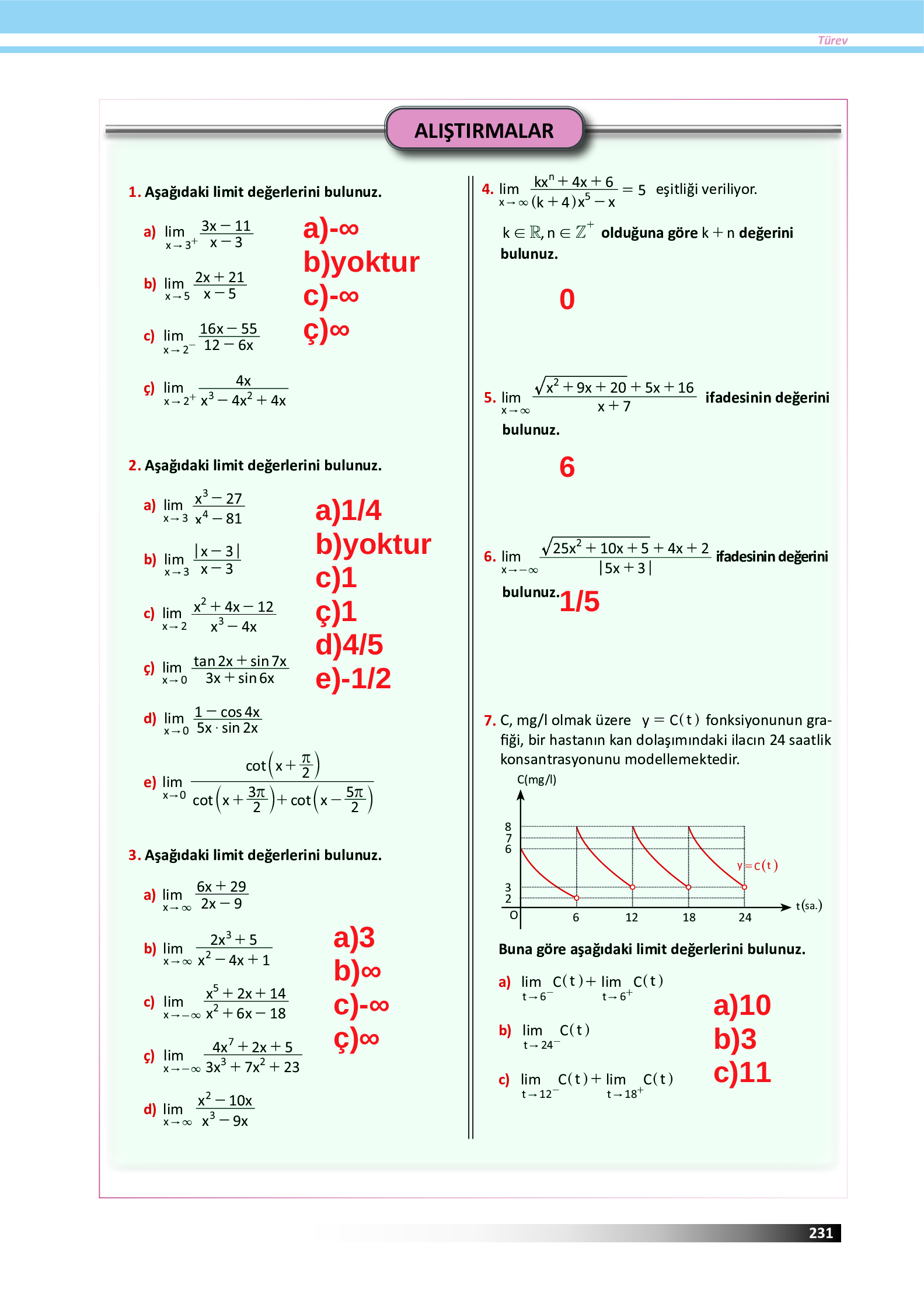 12. Sınıf Meb Yayınları Fen Lisesi Matematik Ders Kitabı Sayfa 231 Cevapları