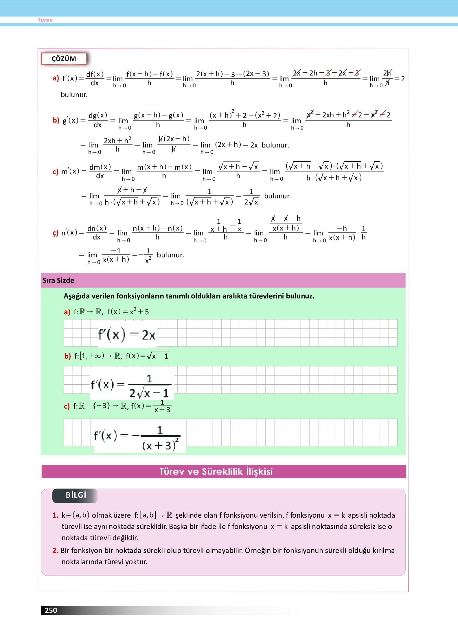 12. Sınıf Meb Yayınları Fen Lisesi Matematik Ders Kitabı Sayfa 250 Cevapları