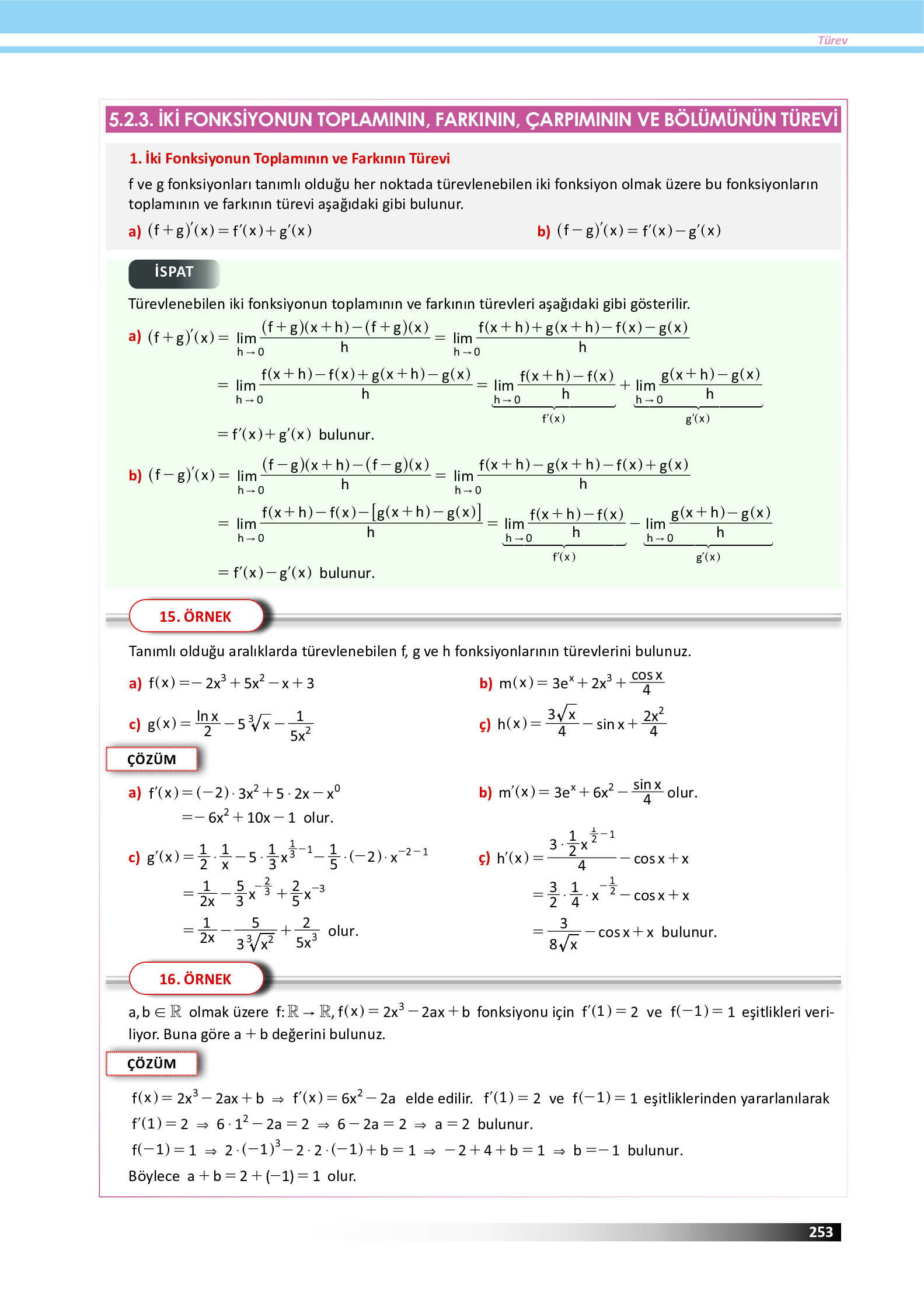 12. Sınıf Meb Yayınları Fen Lisesi Matematik Ders Kitabı Sayfa 253 Cevapları