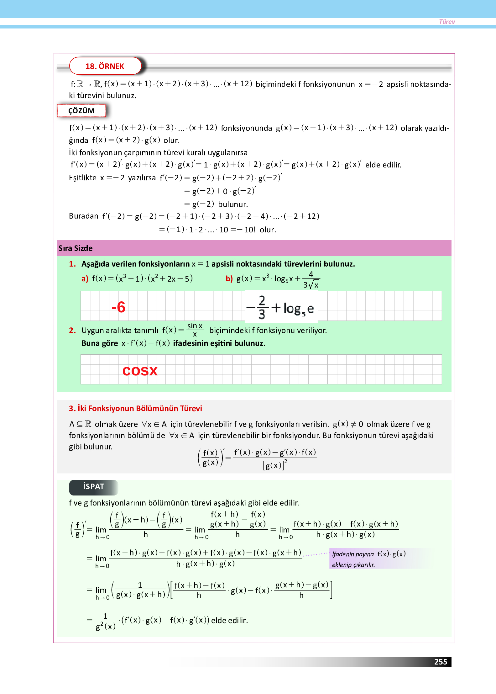 12. Sınıf Meb Yayınları Fen Lisesi Matematik Ders Kitabı Sayfa 255 Cevapları