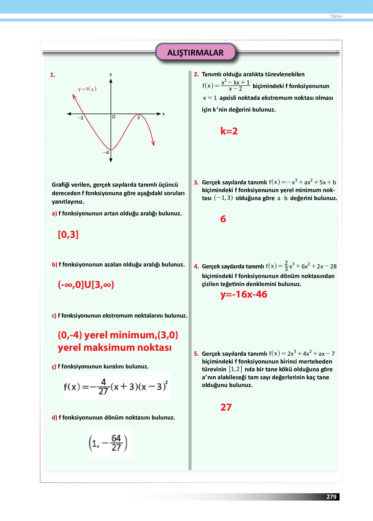 12. Sınıf Meb Yayınları Fen Lisesi Matematik Ders Kitabı Sayfa 279 Cevapları