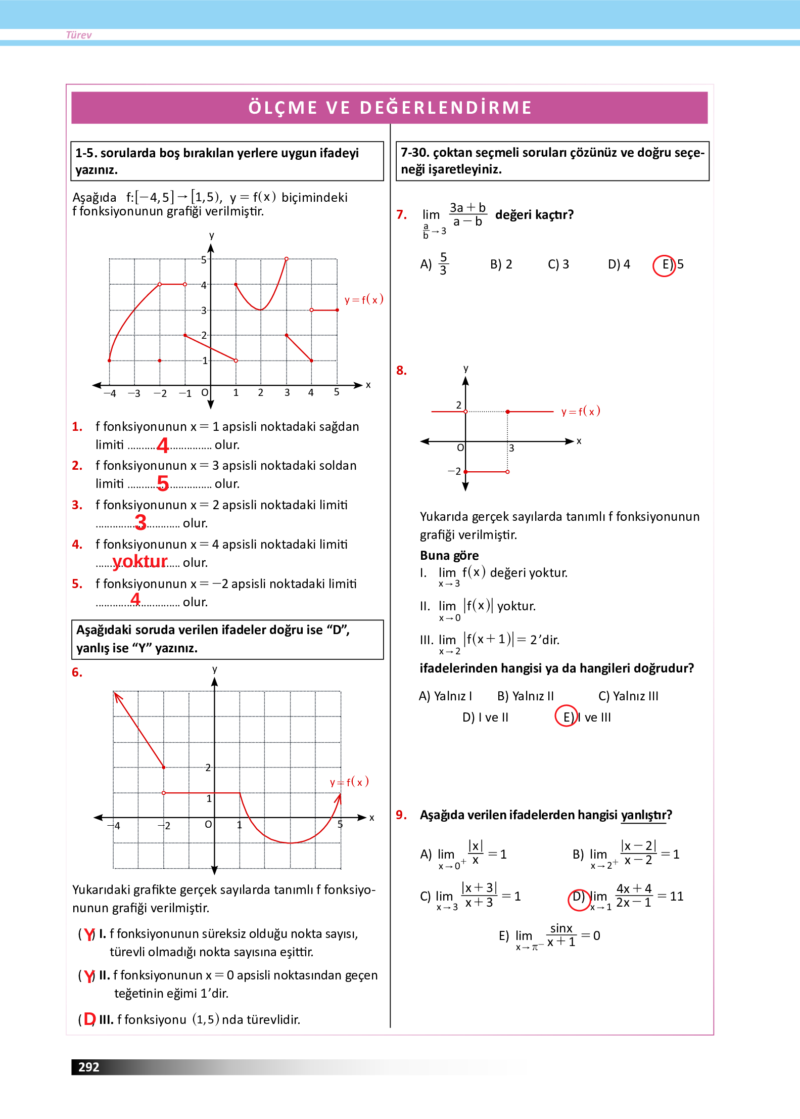12. Sınıf Meb Yayınları Fen Lisesi Matematik Ders Kitabı Sayfa 292 Cevapları